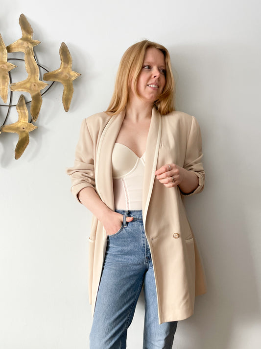 Vintage Peter Nygard 100% Wool Long Beige Blazer  - Size 16
