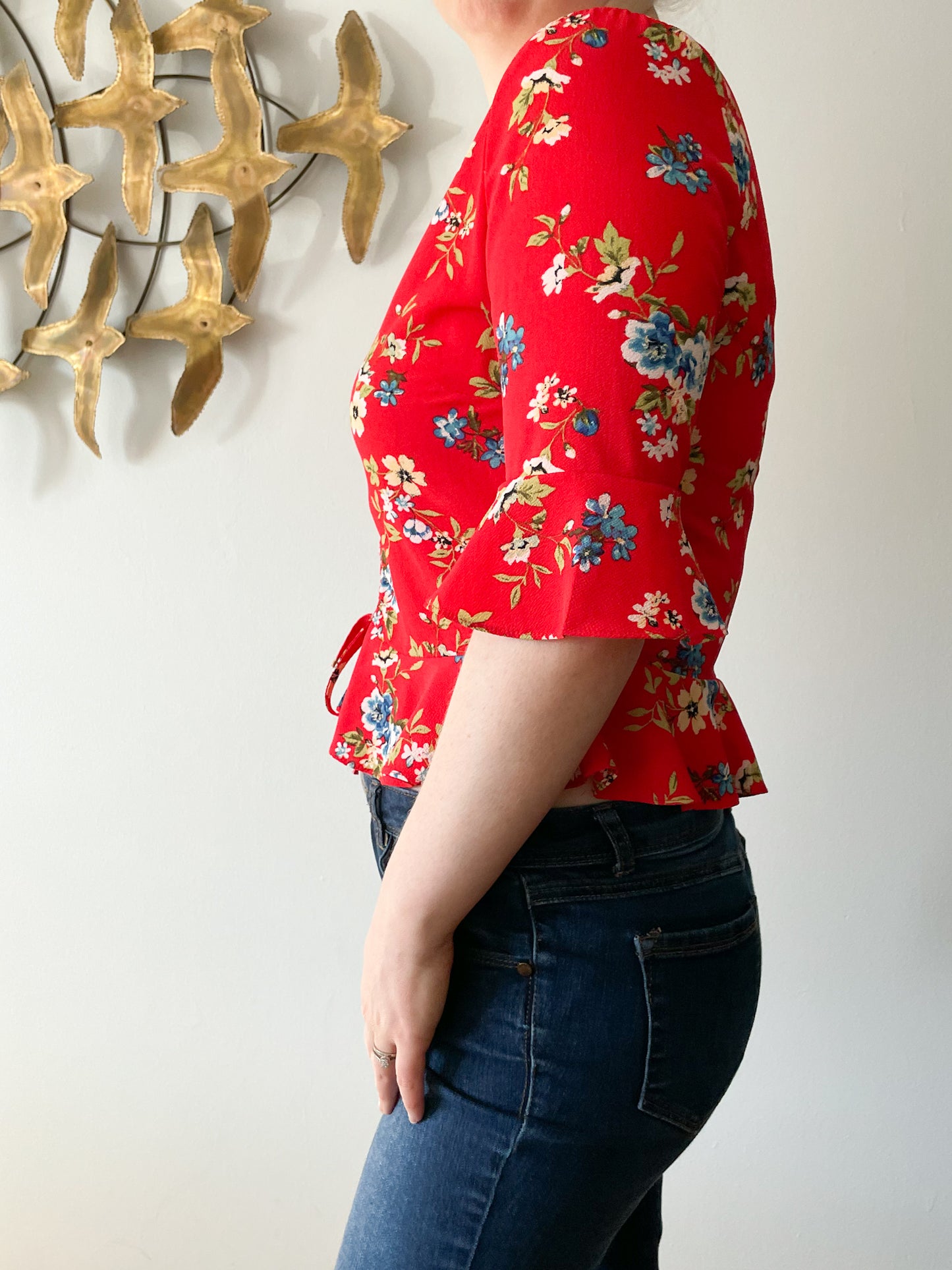 Red Ruffle Sleeve Peplum Floral V-Neck Top - Small