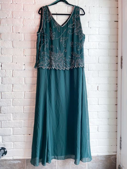 Jkara Hunter Green Beaded Long Dress NWOT - Size 20