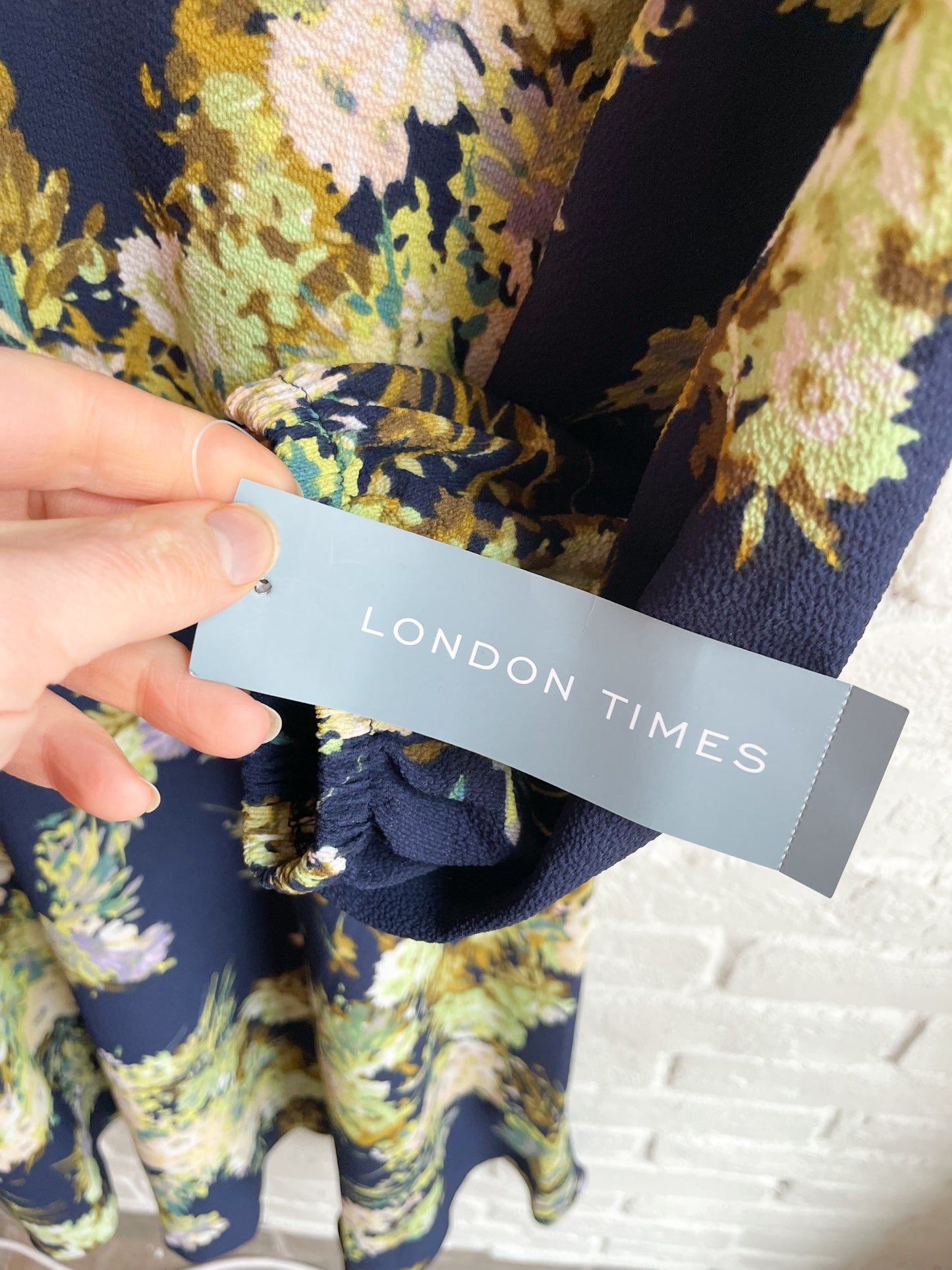 London Times Navy and Lime Long Sleeve Floral Midi Dress - Medium