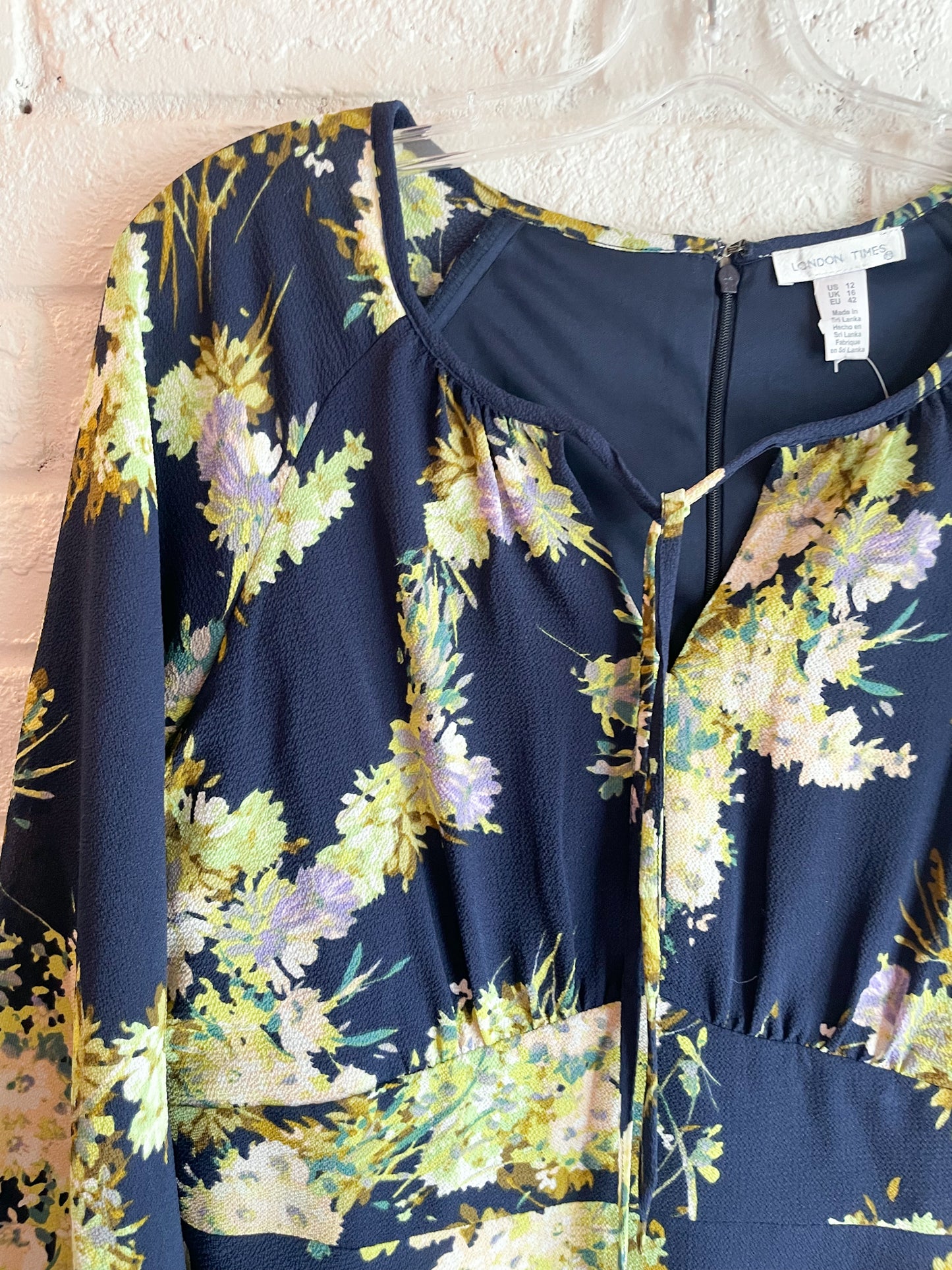 London Times Navy and Lime Long Sleeve Floral Midi Dress - Medium