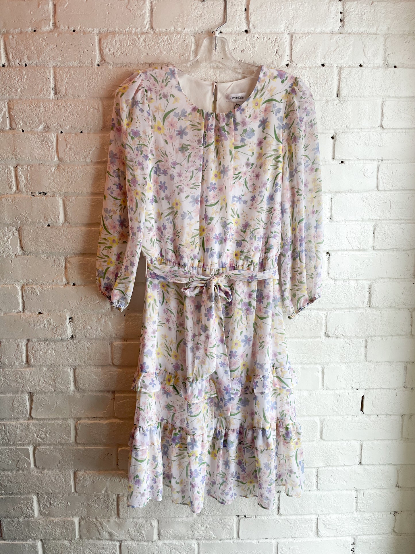 Calvin Klein Chiffon Pastel Floral Long Sleeve Tiered Dress NWT - Small