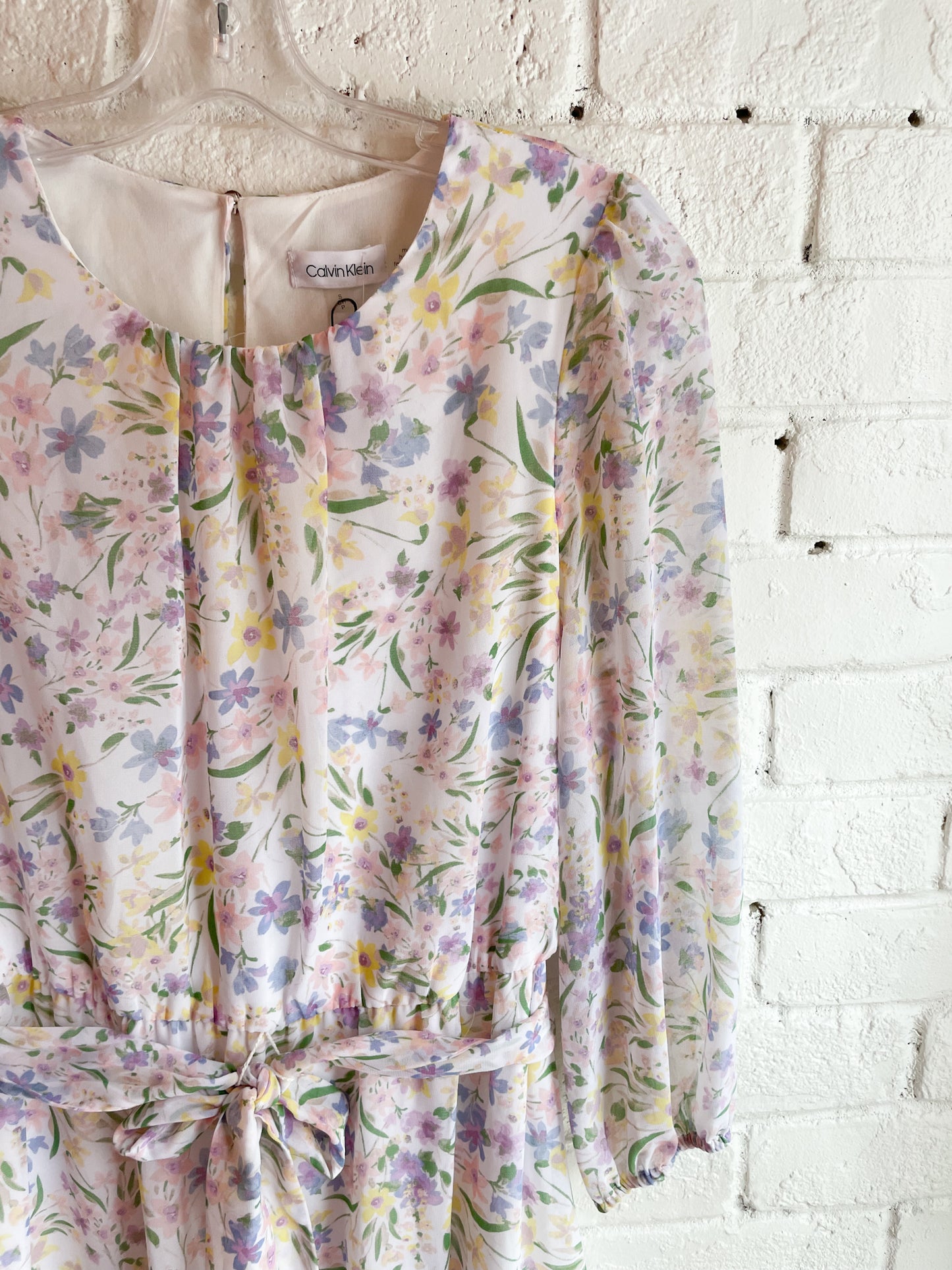 Calvin Klein Chiffon Pastel Floral Long Sleeve Tiered Dress NWT - Small