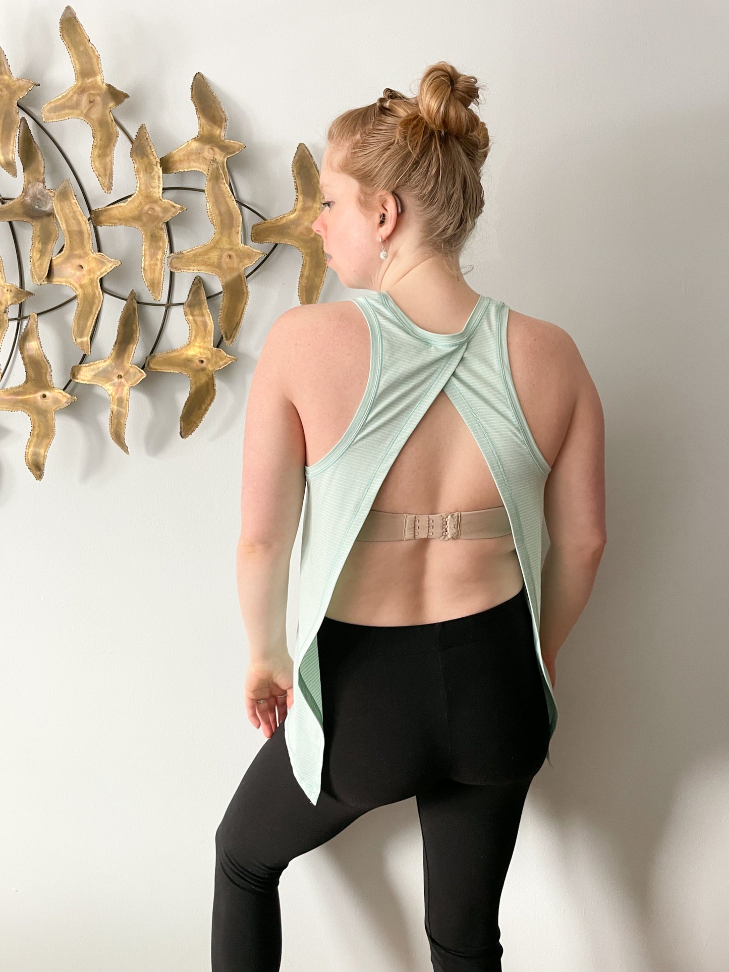 Gap Fit Mint Green Stripe Open Back Workout Top - XS/S
