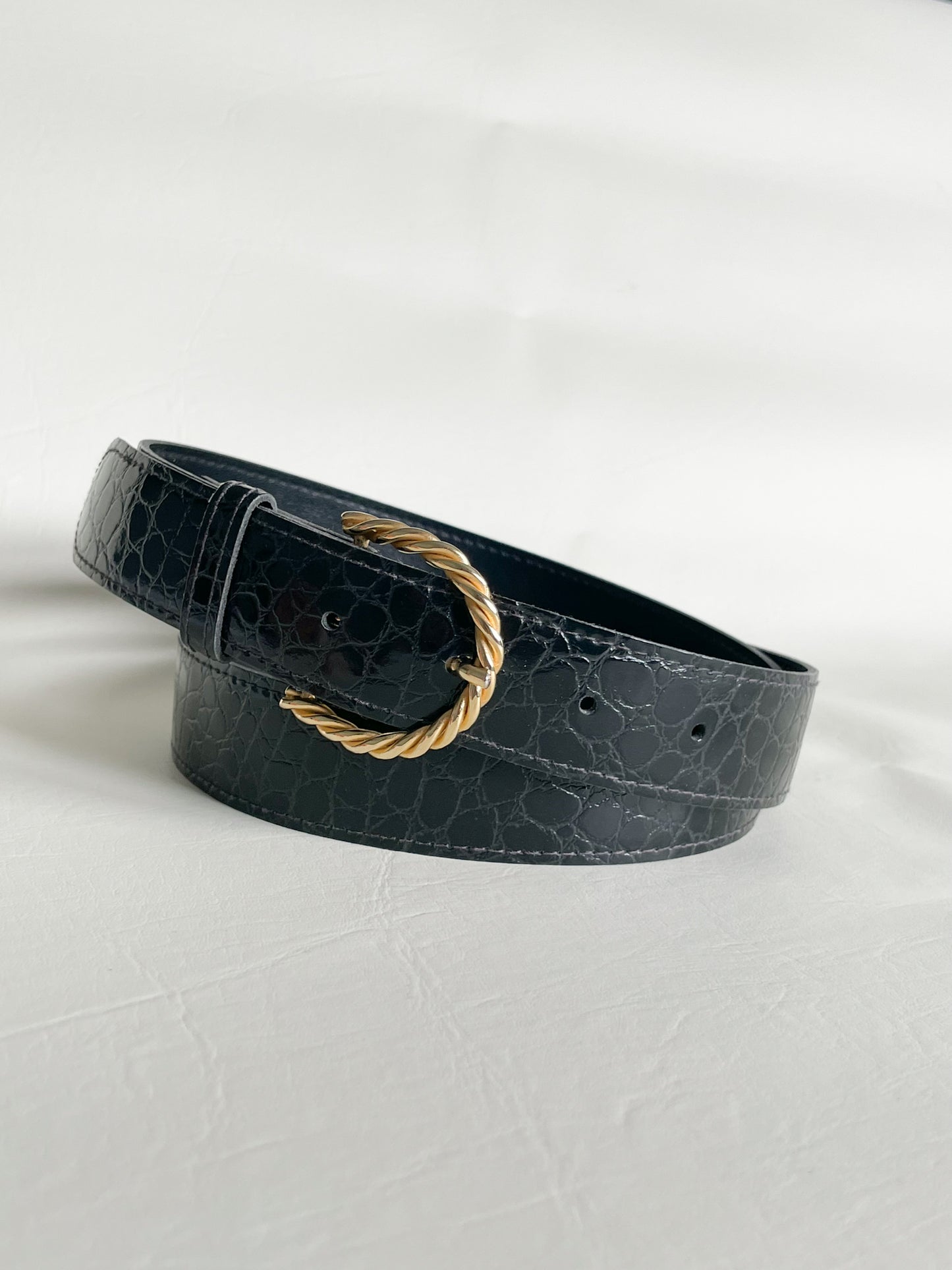 Vintage Black Faux Patent Leather Gold Rope Hardware Belt - Medium