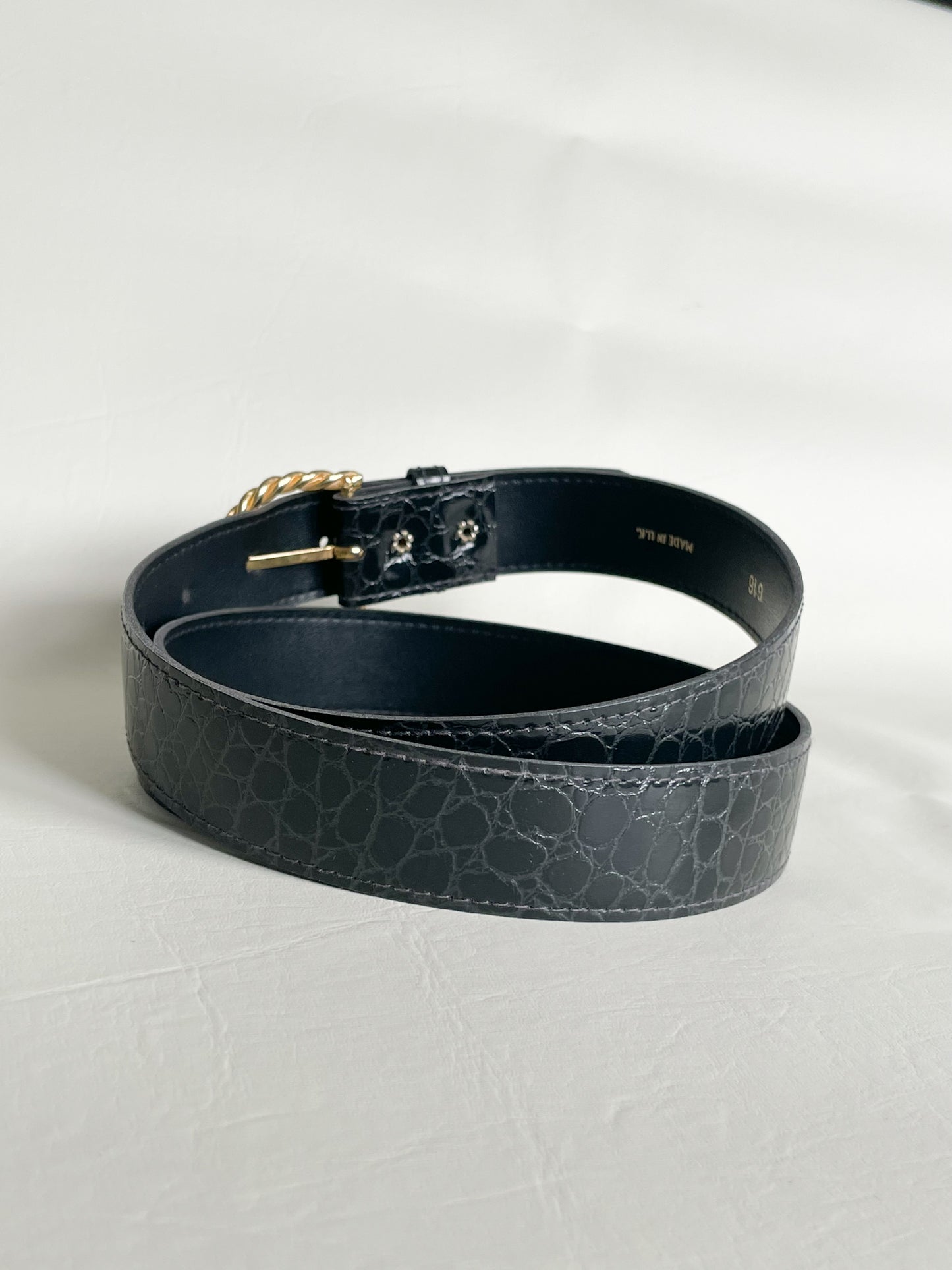 Vintage Black Faux Patent Leather Gold Rope Hardware Belt - Medium