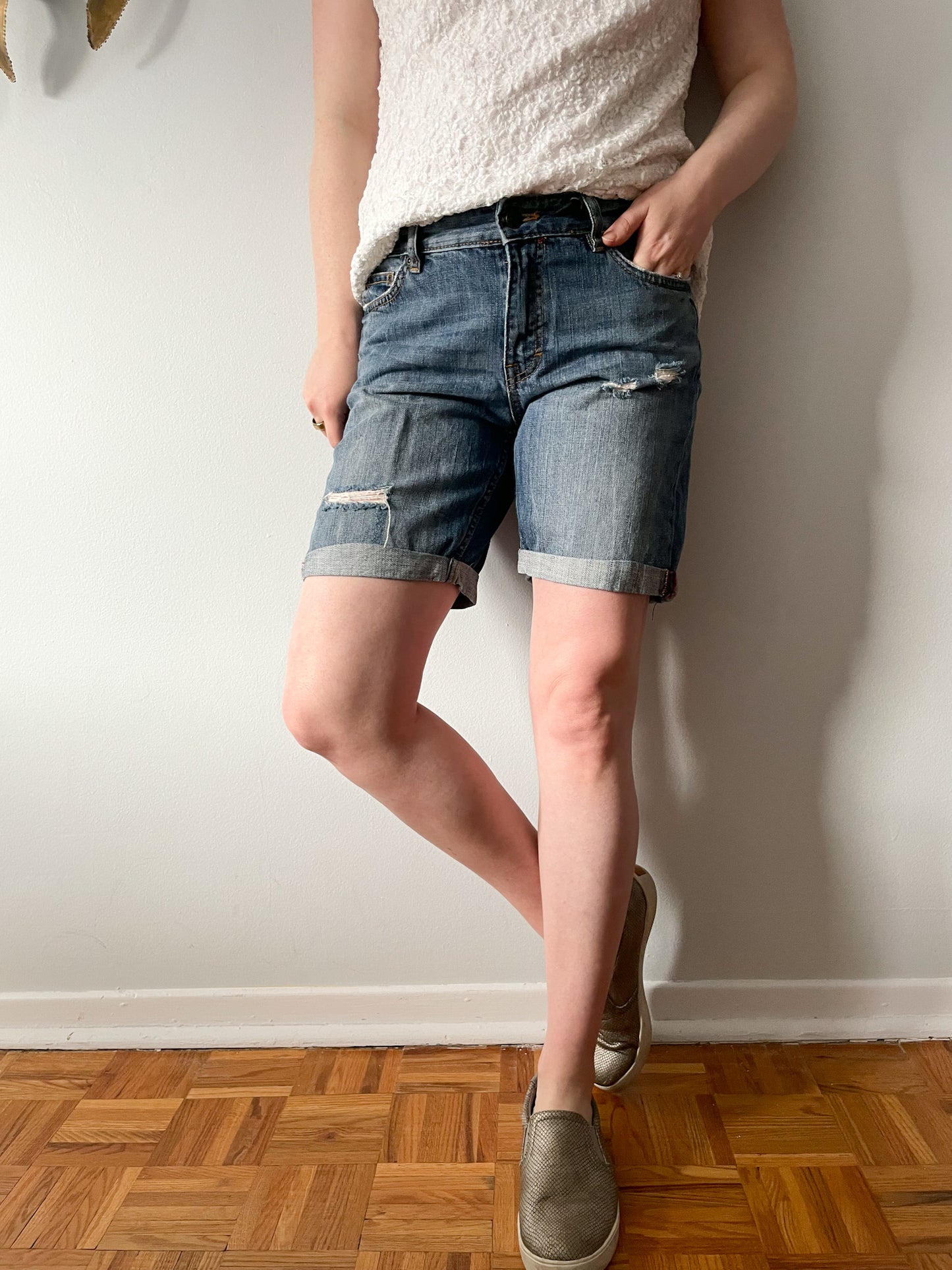 L.O.G.G. Distressed Mid Rise Cuffed Cotton Denim Shorts - Size 27