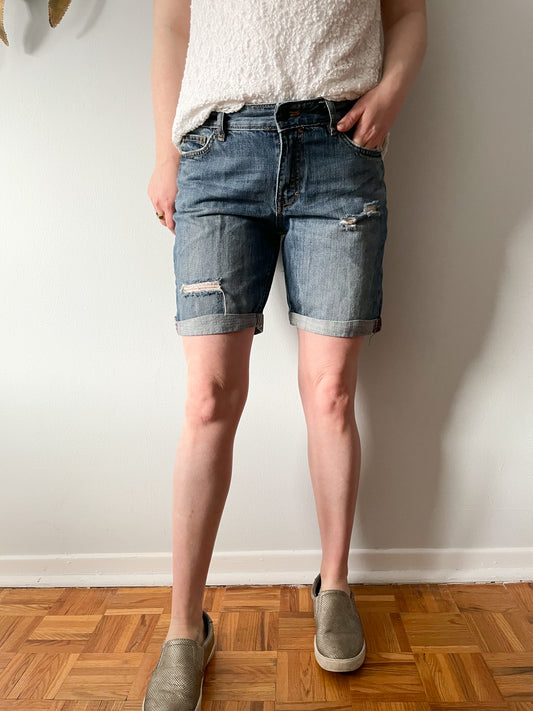 L.O.G.G. Distressed Mid Rise Cuffed Cotton Denim Shorts - Size 27