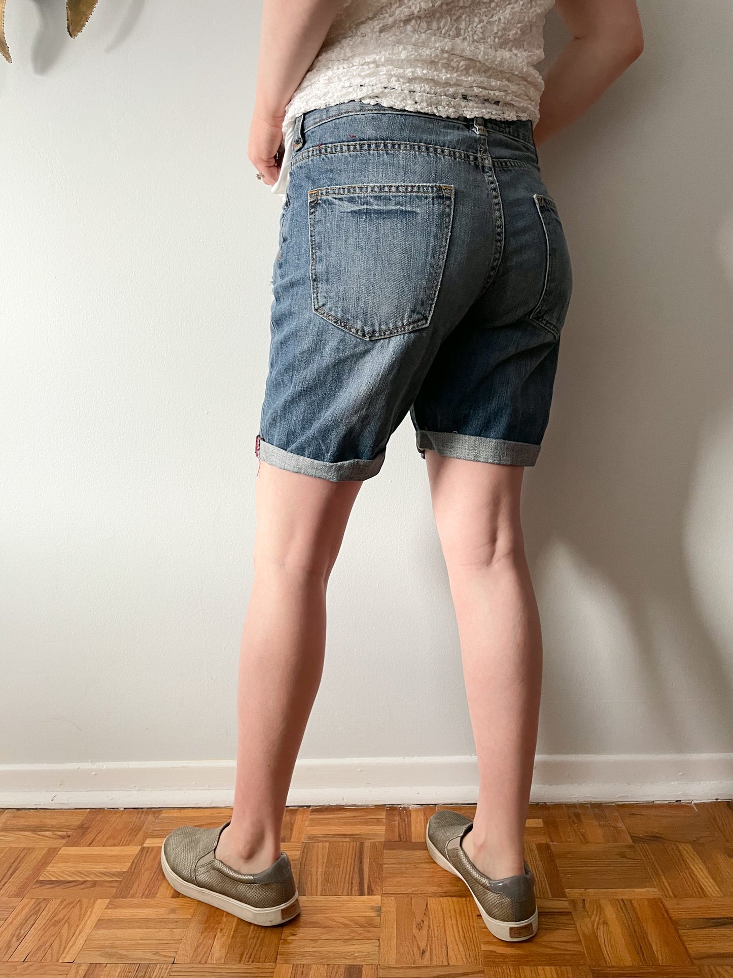 L.O.G.G. Distressed Mid Rise Cuffed Cotton Denim Shorts - Size 27