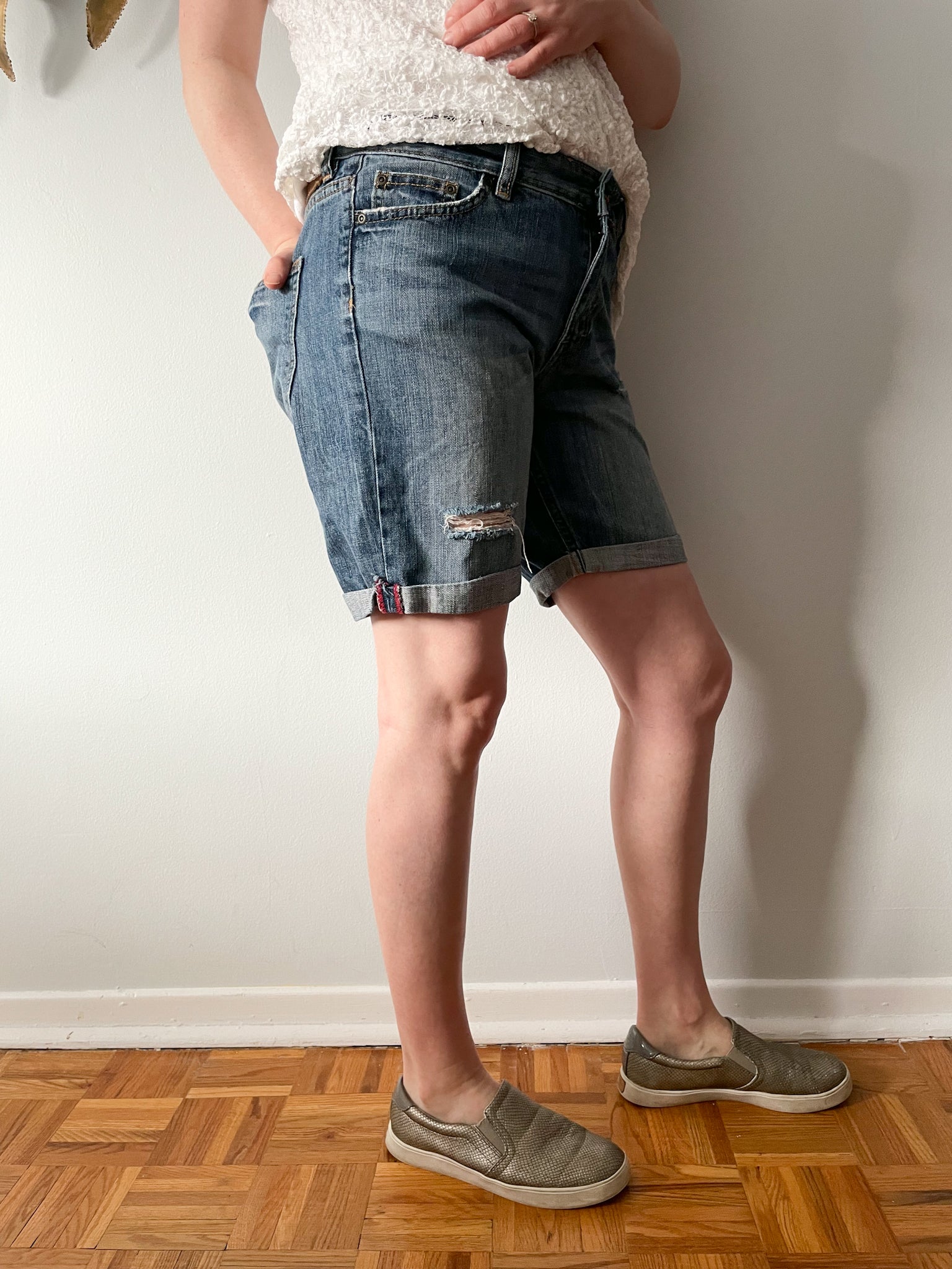 L.O.G.G. Distressed Mid Rise Cuffed Cotton Denim Shorts - Size 27