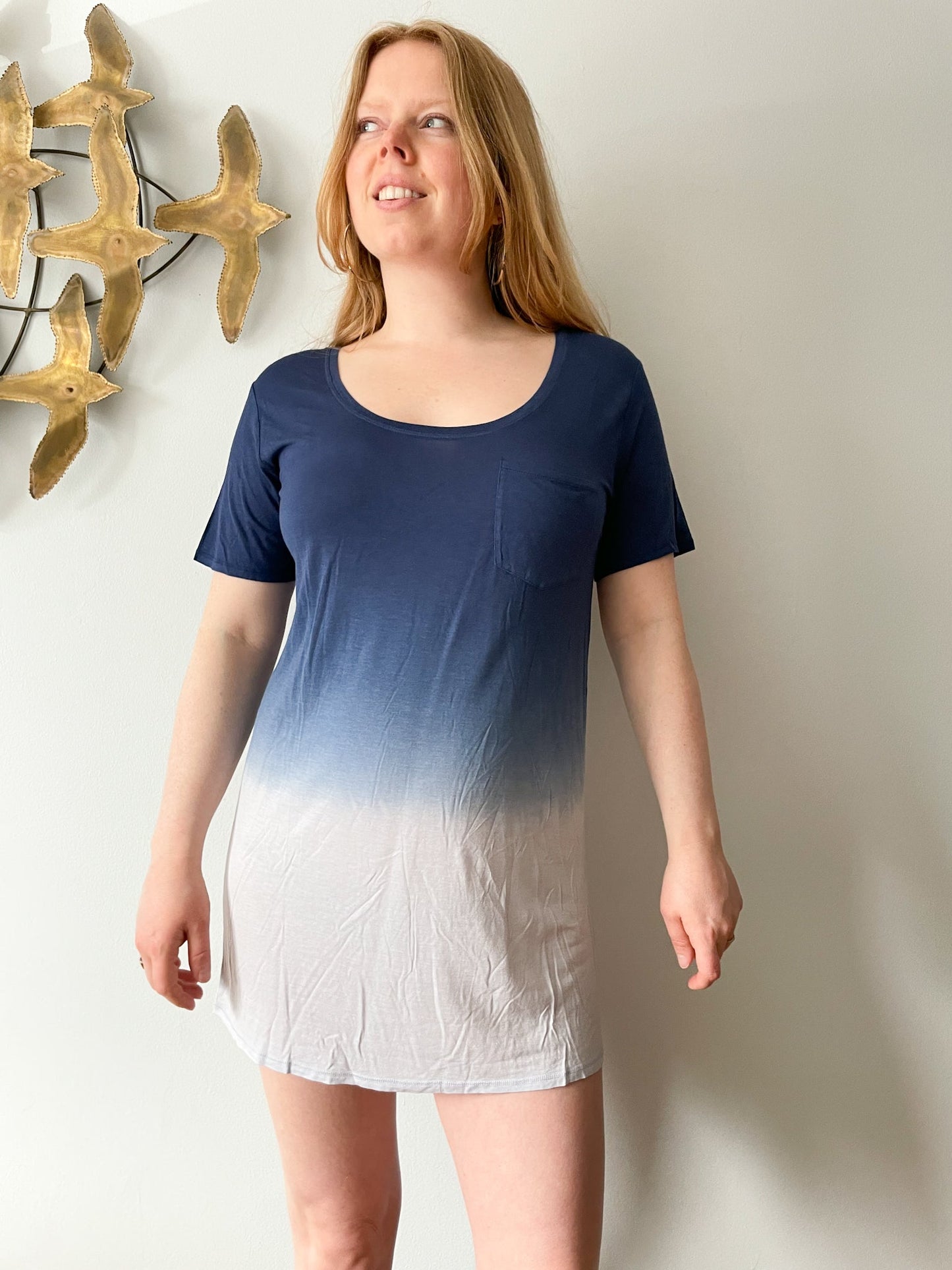 Fine Collection Blue Ombre Modal Silk Long T-Shirt / Mini Dress / Cover Up NWT - M/L