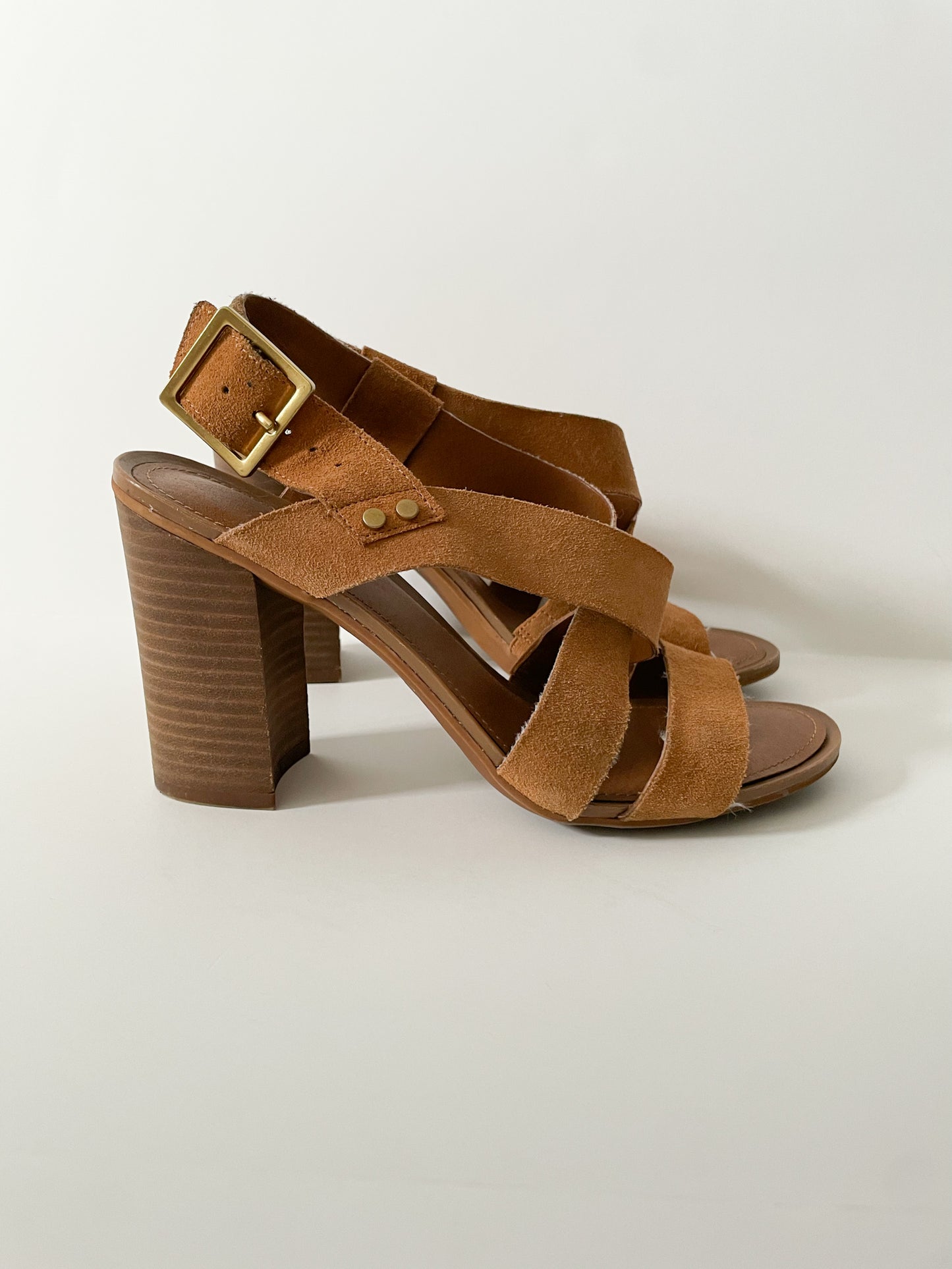 Franco Sarto Genuine Suede Caramel Strappy Block Heel Sandals - Size 7.5
