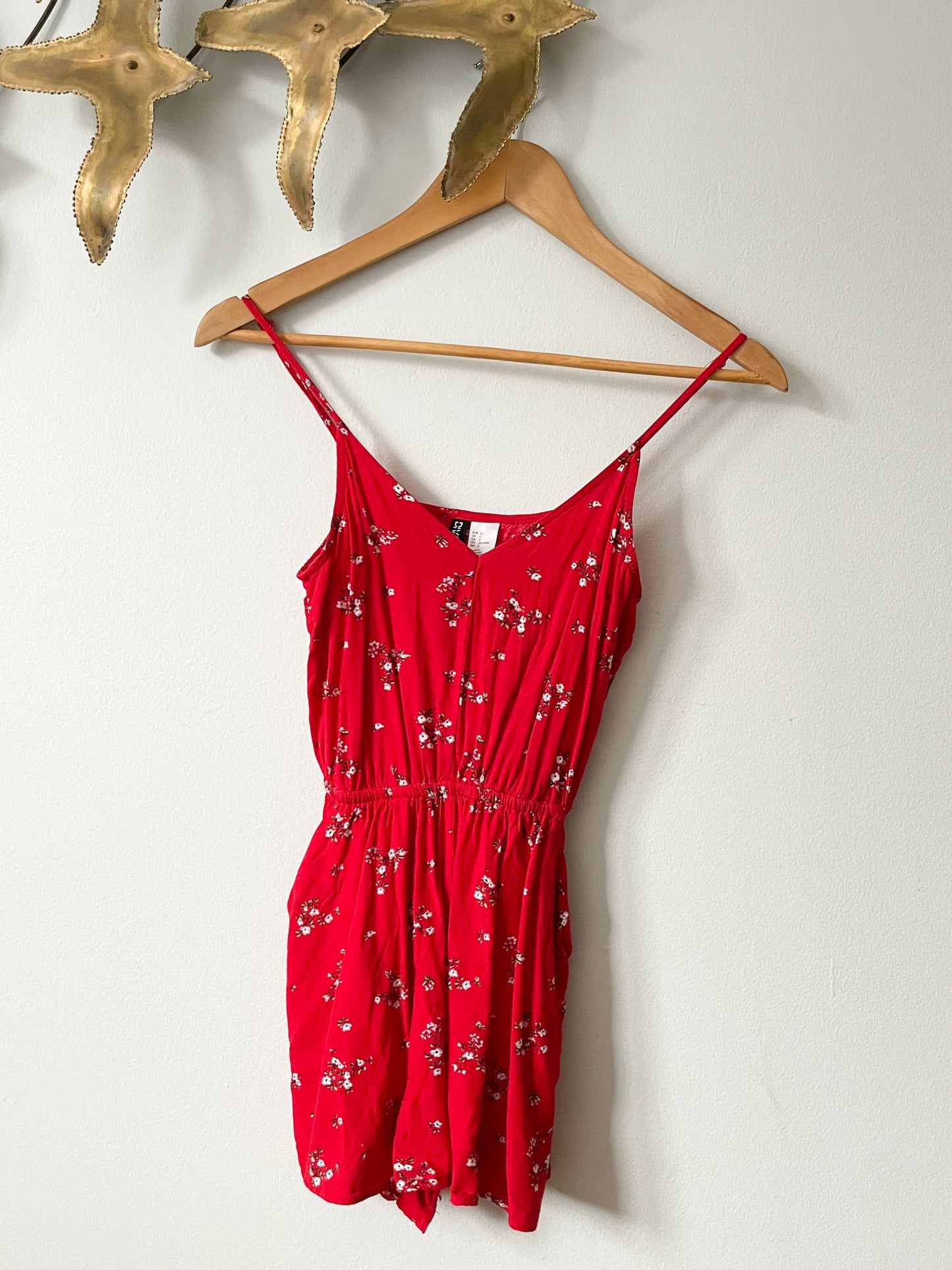Divided Red Floral Romper With Pockets - Size 0