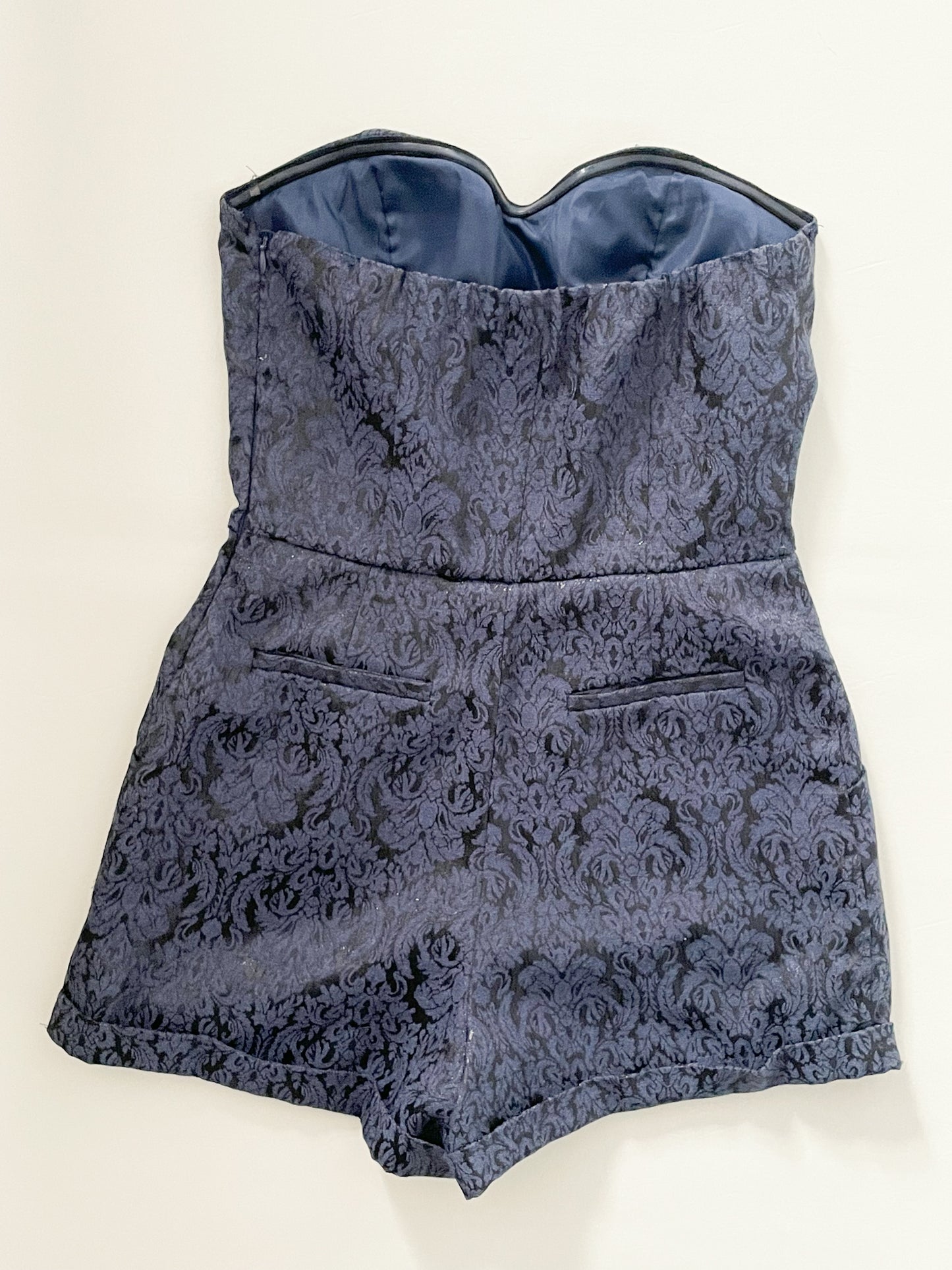 Navy Brocade Strapless Sweetheart Romper - Small