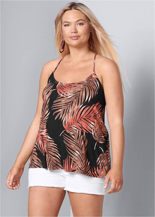 Venus Black Brown Coral Leaf Print Racerback Top - 2XL