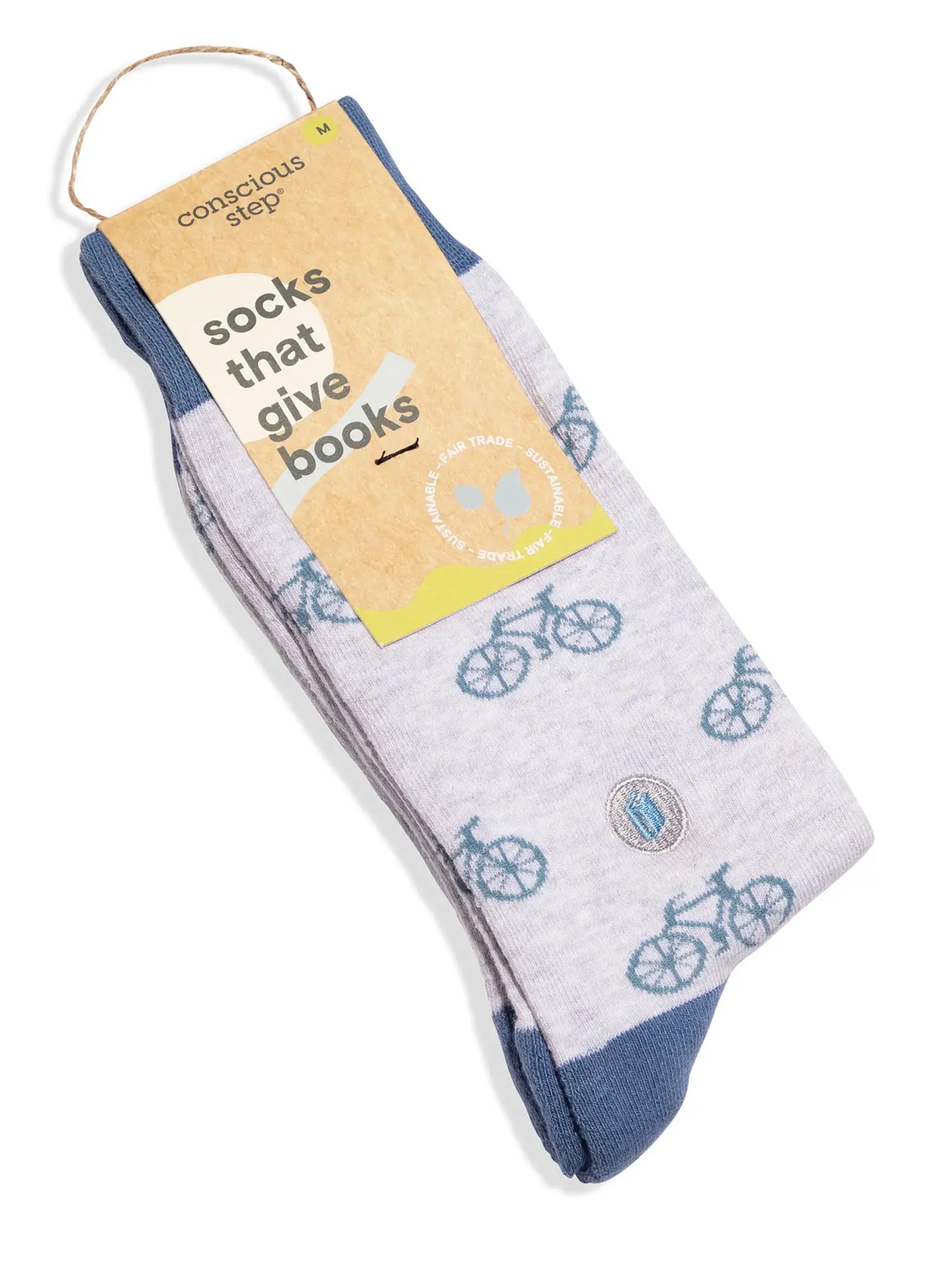 Conscious Step Organic Fair Trade Socks That Give Books - Blue With Bikes