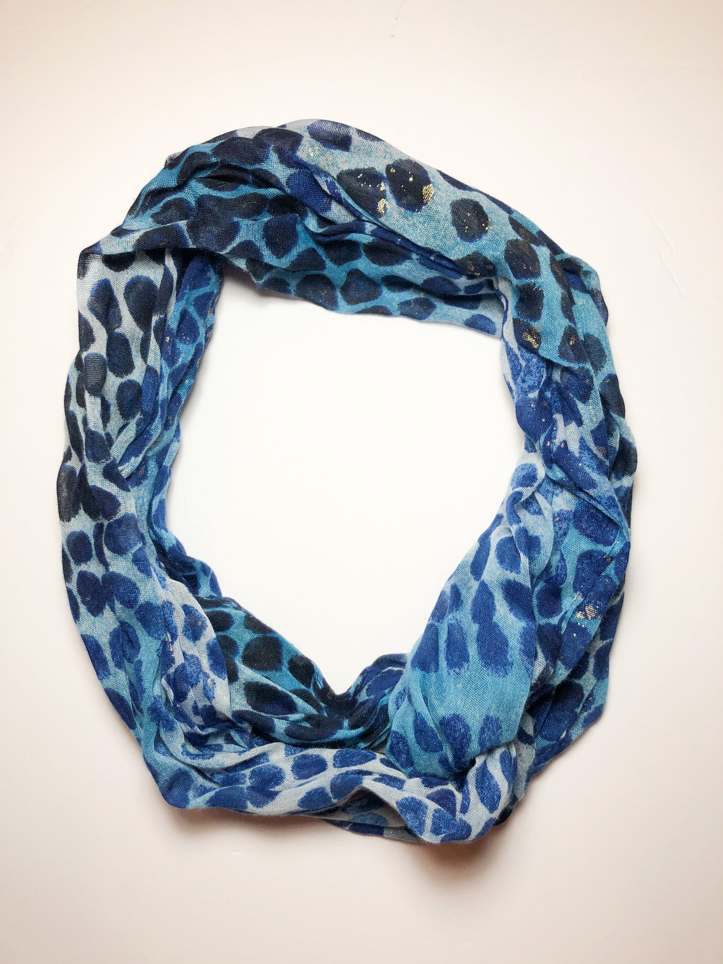 Blue Polkadot and Gold Foil Infinity Scarf