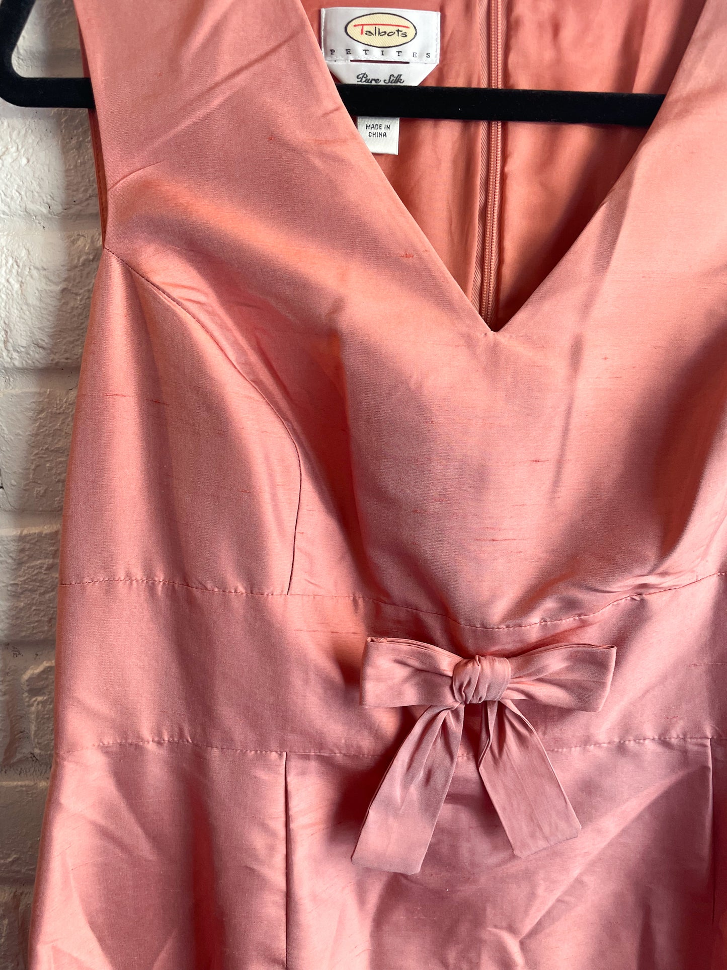 Talbots Salmon Pink 100% Silk Bow V-Neck Sheath Dress - Size 12