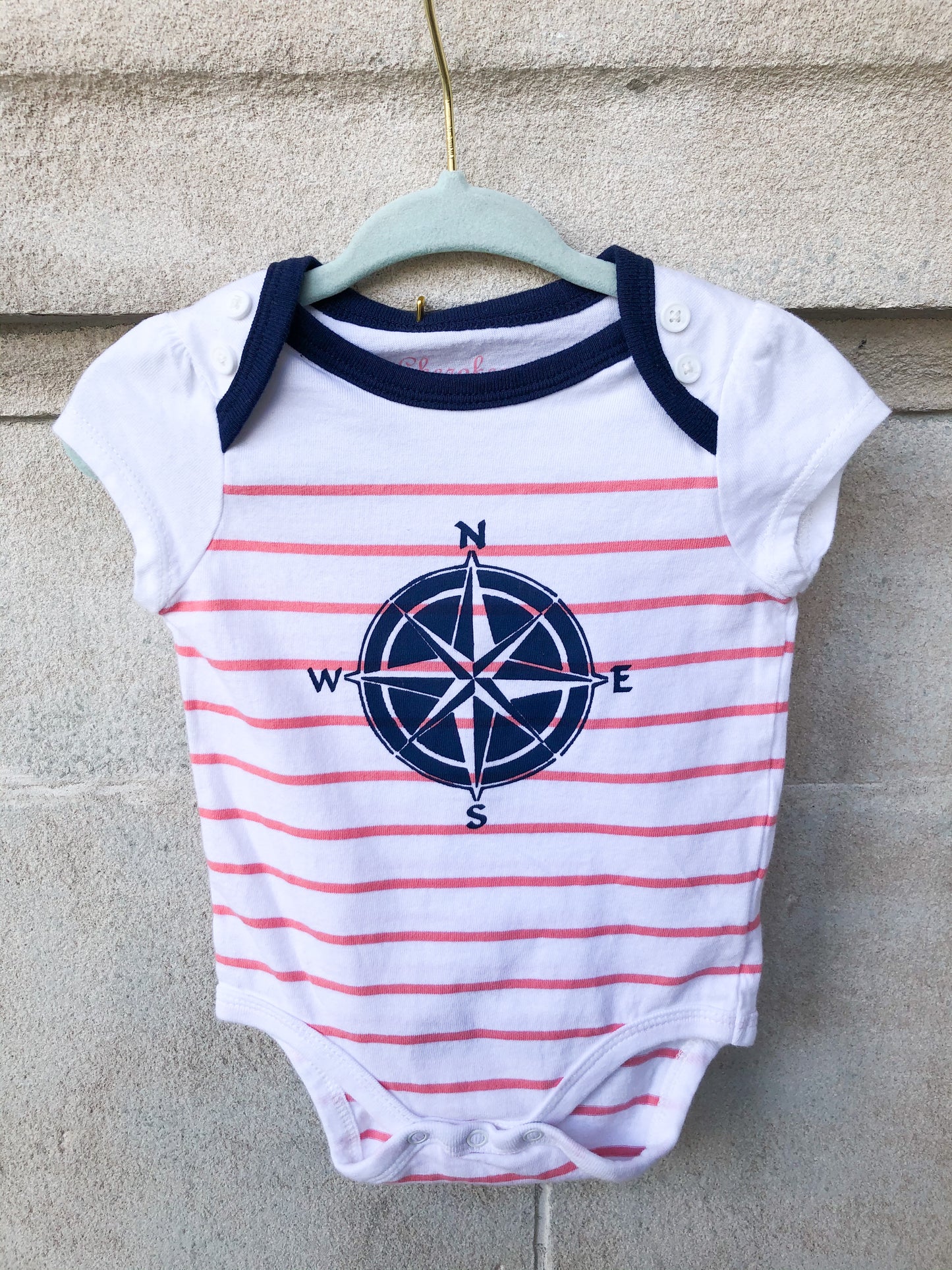 Compass Pink Stripe Baby Bodysuit Upcycled by Eco Pretty - 3 Months