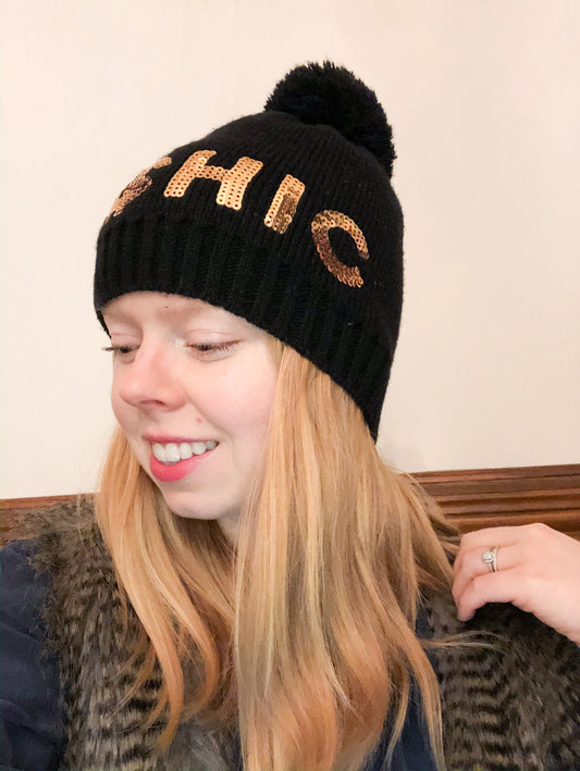 Chic Gold Sequin Pompom Hat - Le Prix Fashion & Consulting