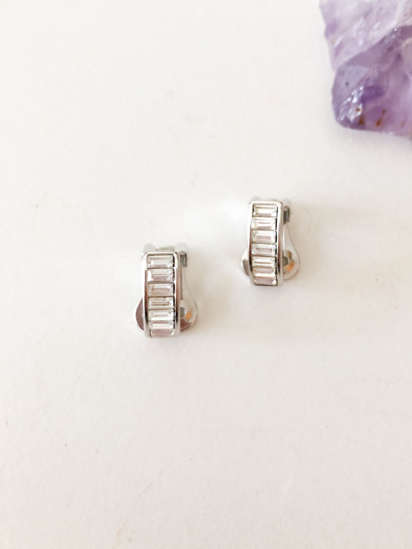 Silver Crystal Bar Clip On Earrings