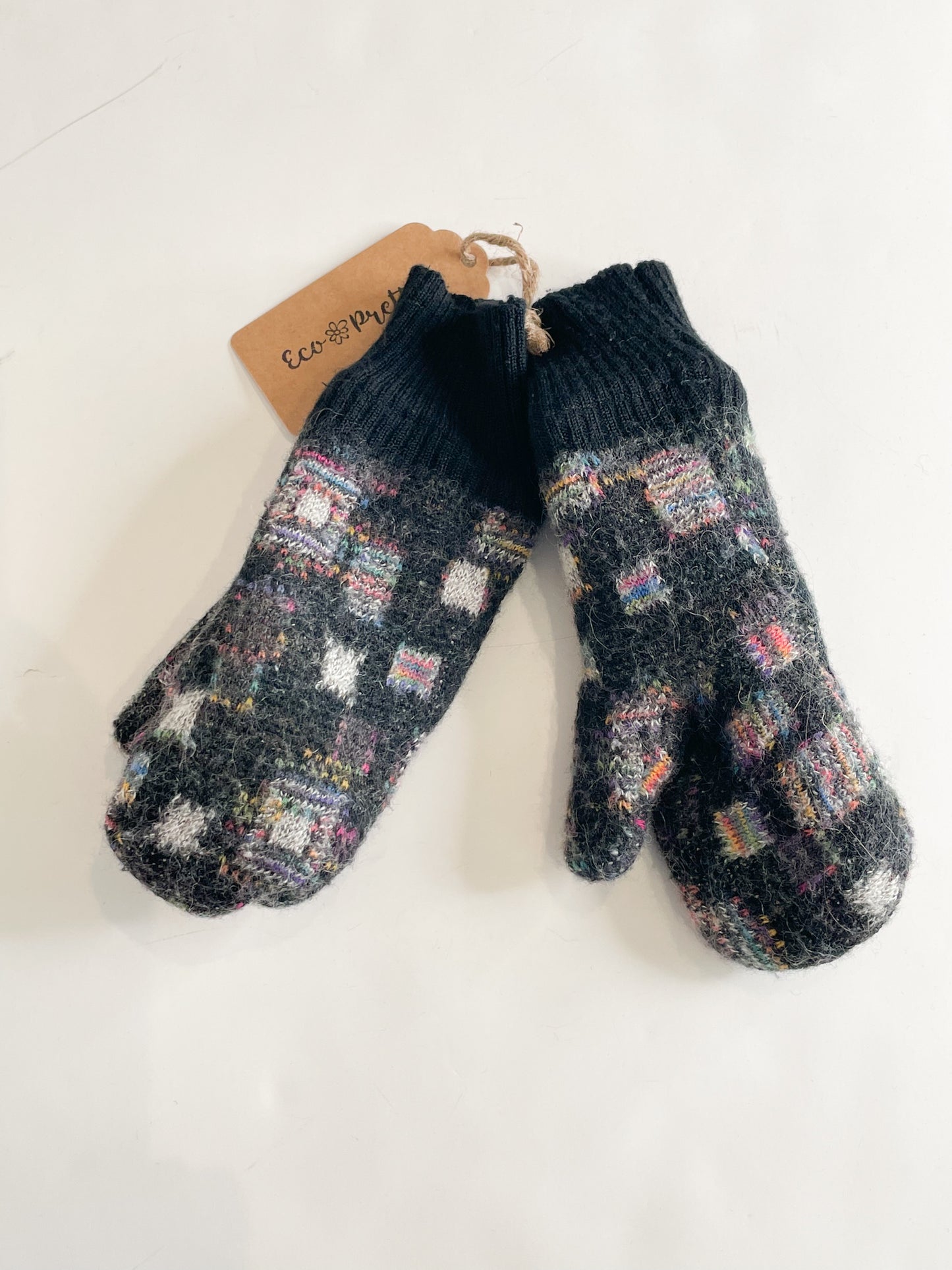 Upcycled Charcoal Rainbow Square Wool Fleece Lined Mittens
