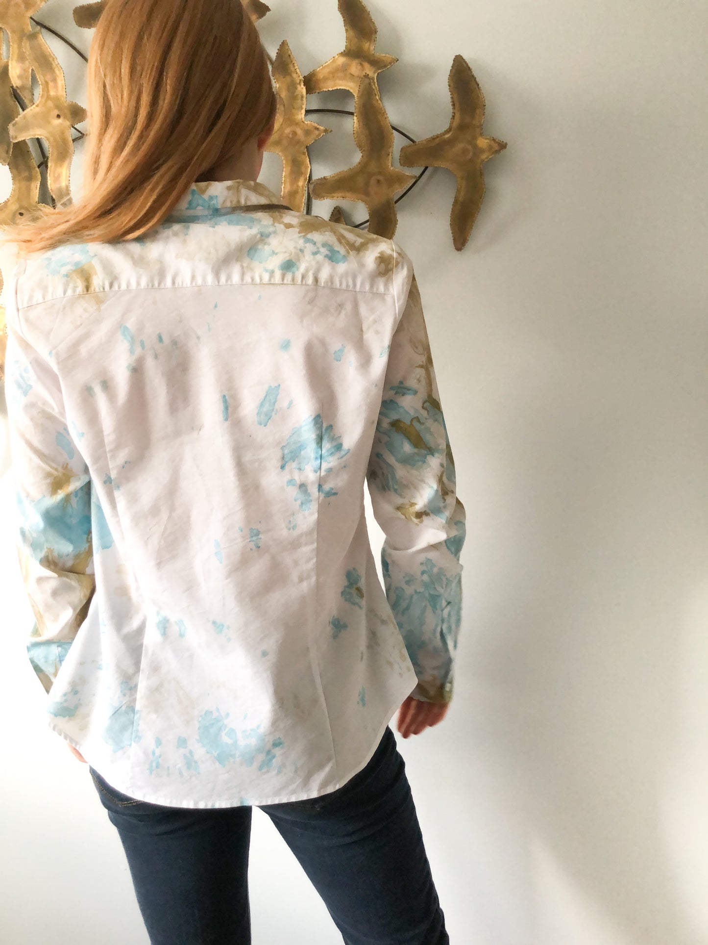 Upcycled Blue Gold Watercolor Cotton Stretch Button Down Blouse - M/L