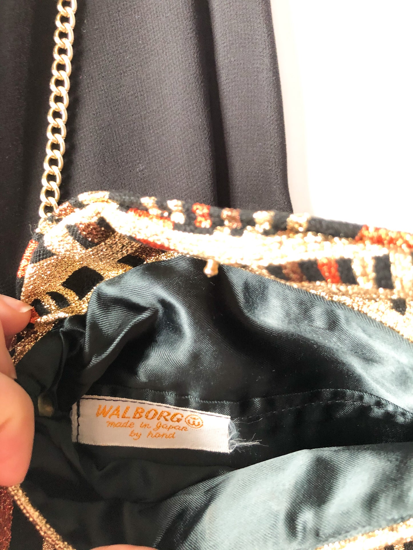 Vintage Walborg Handmade Gold Black and Orange Lame Clutch Purse - Made in Japan