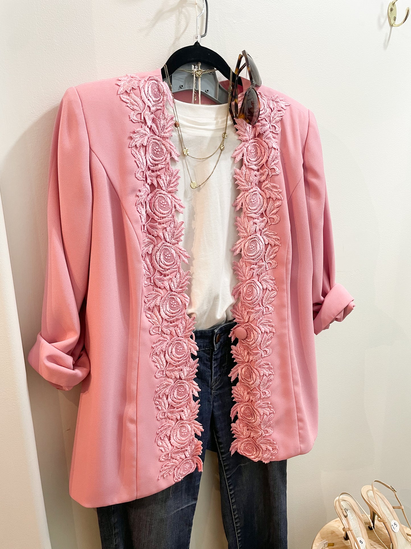 Vintage Pink Lace Trimmed Open Long Blazer - Large