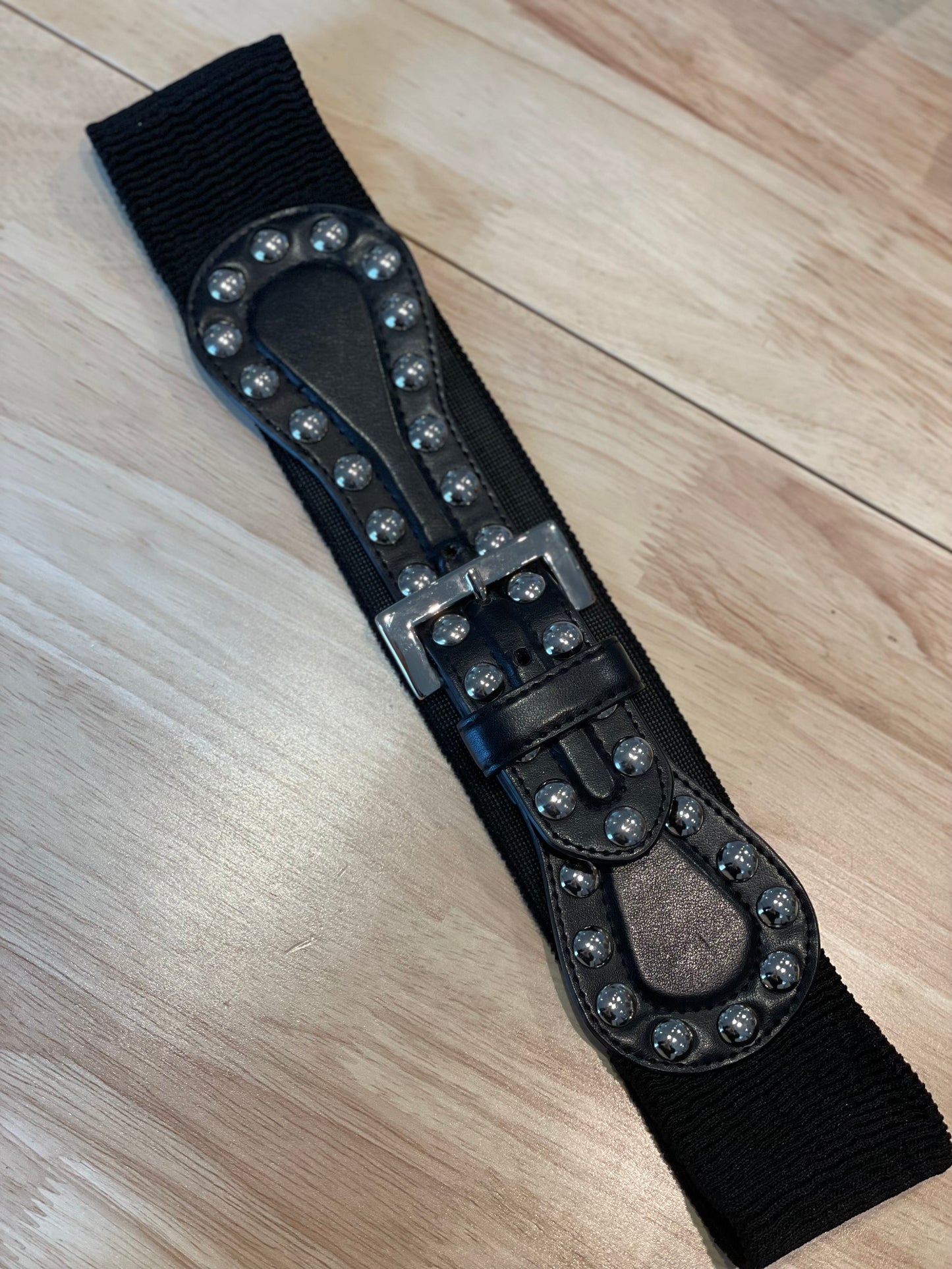 Silver Studded Stretch Statement Black Belt - S/M