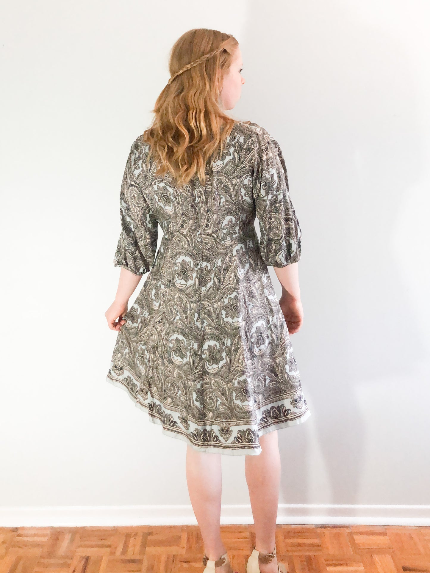 Nine West Mint 100% Silk Paisley 3/4 Sleeve Balloon Sleeve Dress - Size 8