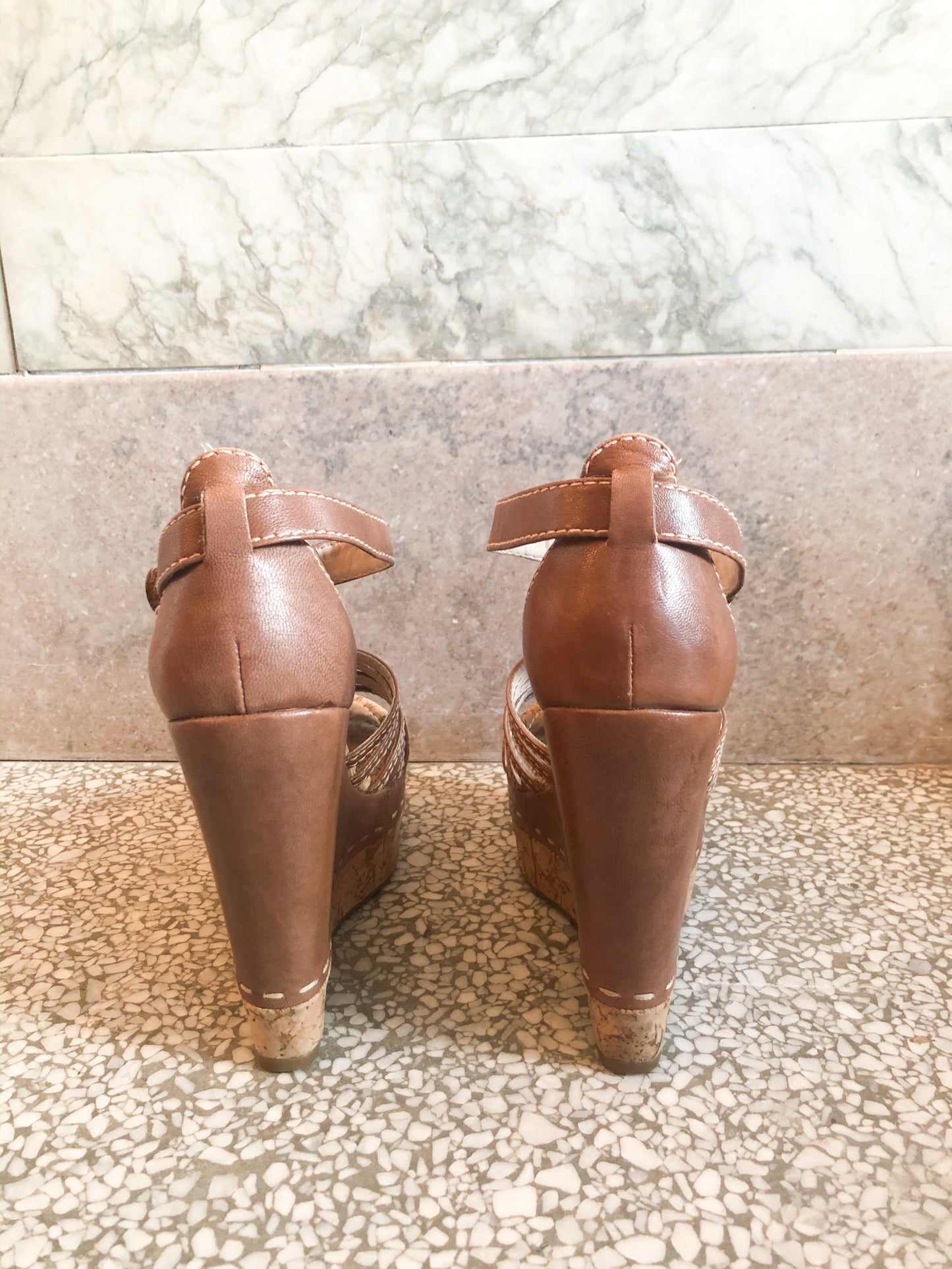 MRKT Brown Cork Leather Platform Wedge Sandals - Le Prix Fashion & Consulting