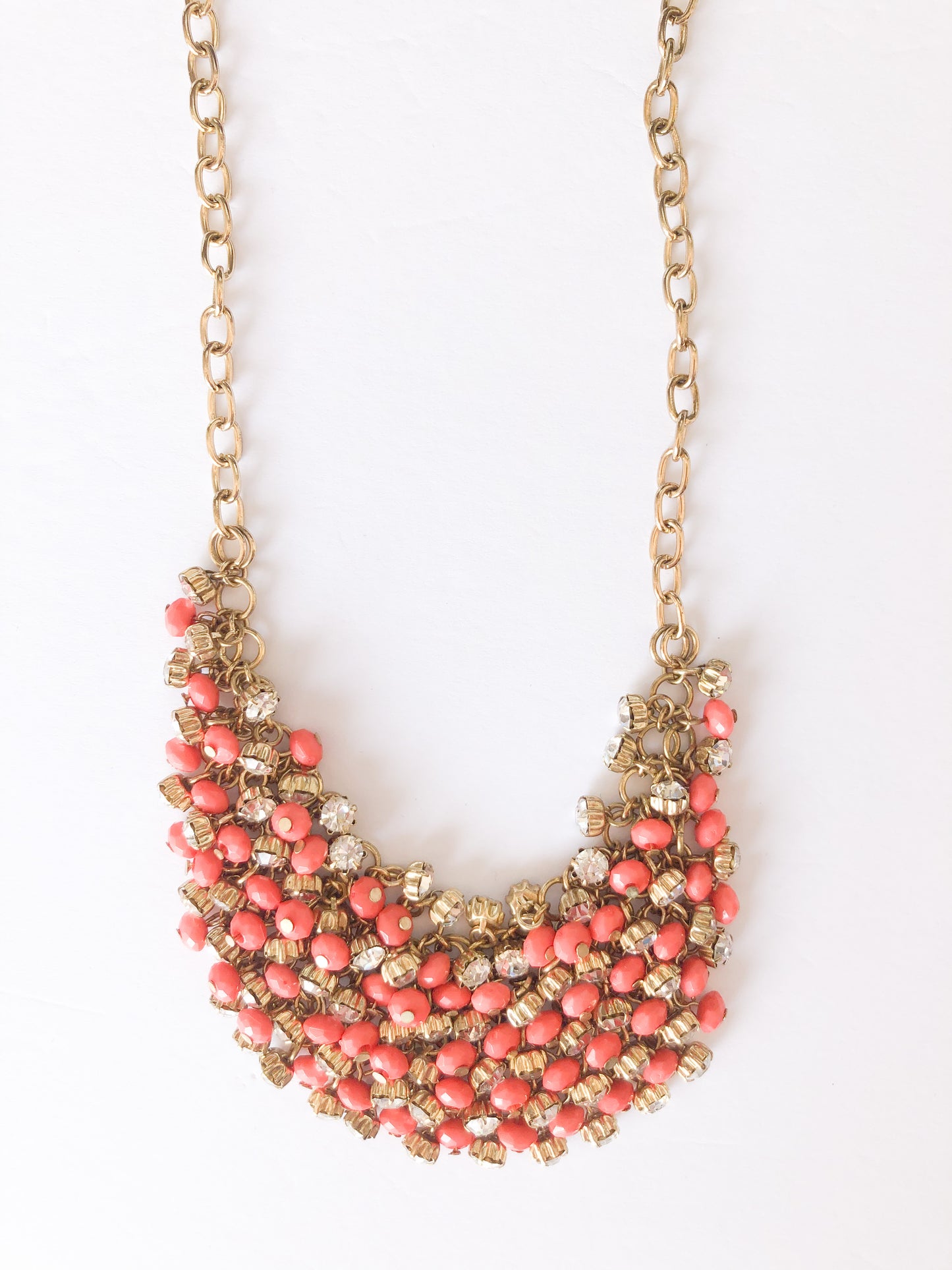 Coral Gold Sparkle Cluster Statement Necklace