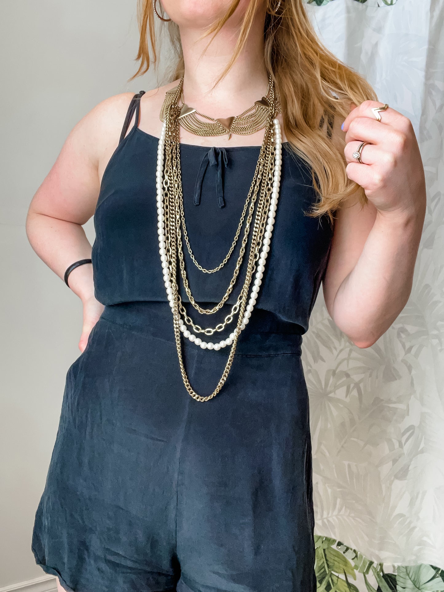 Faux Pearl Gold Chain Layered Long Necklace / Body Chain