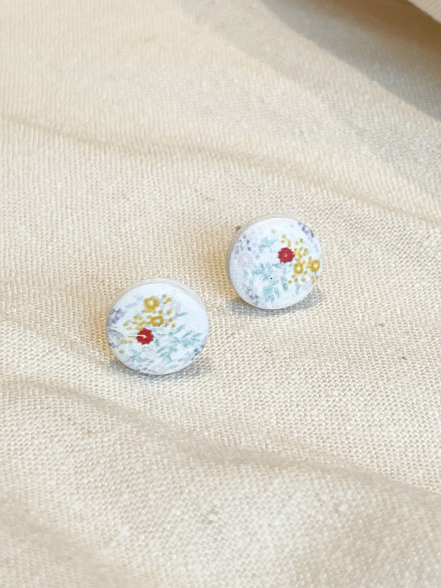 Pastel Floral Painted Circle Stud Earrings