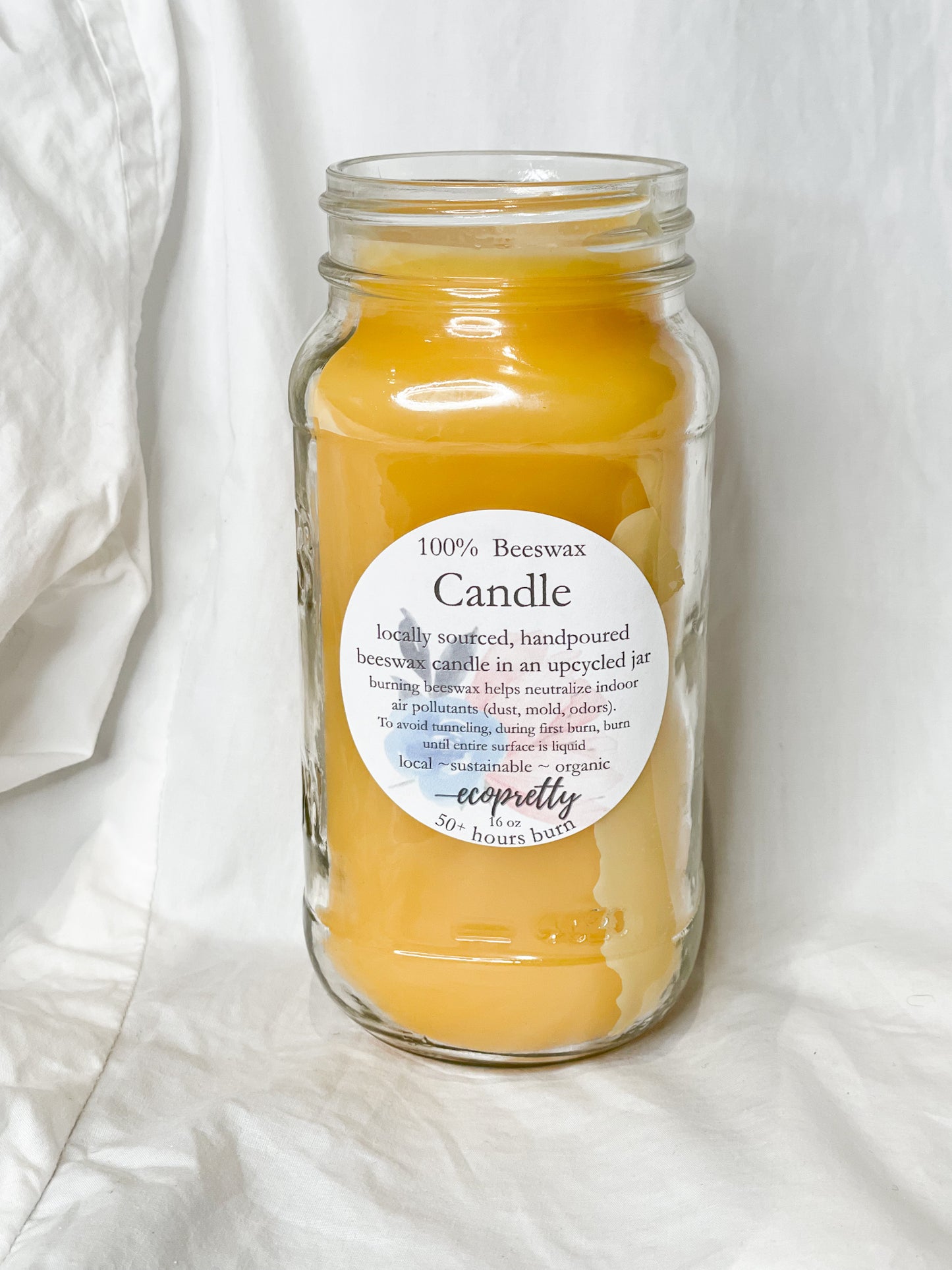 100% Beeswax Hand Poured Upcycled Mason Jar Candles - 20 oz