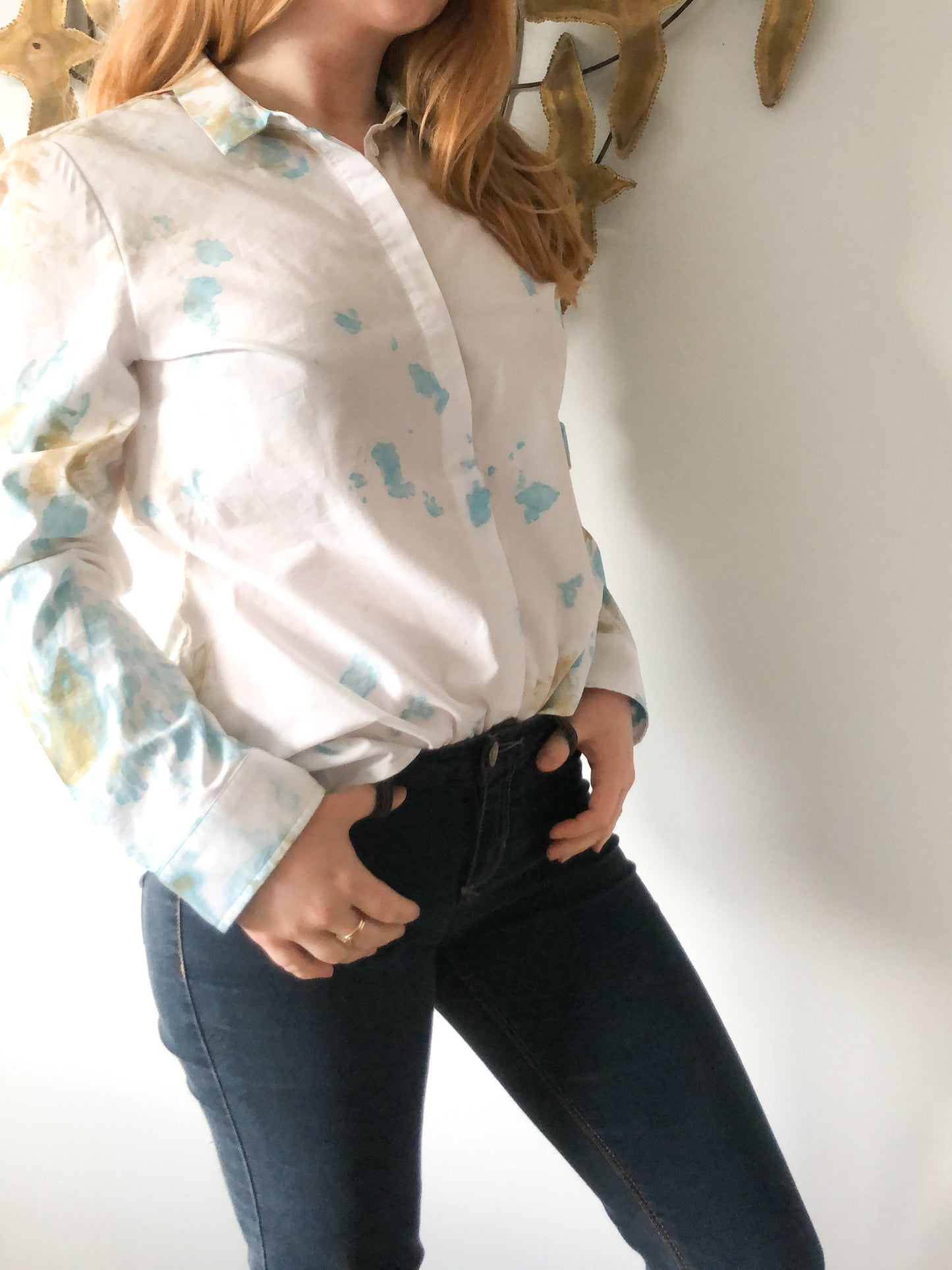 Upcycled Blue Gold Watercolor Cotton Stretch Button Down Blouse - M/L