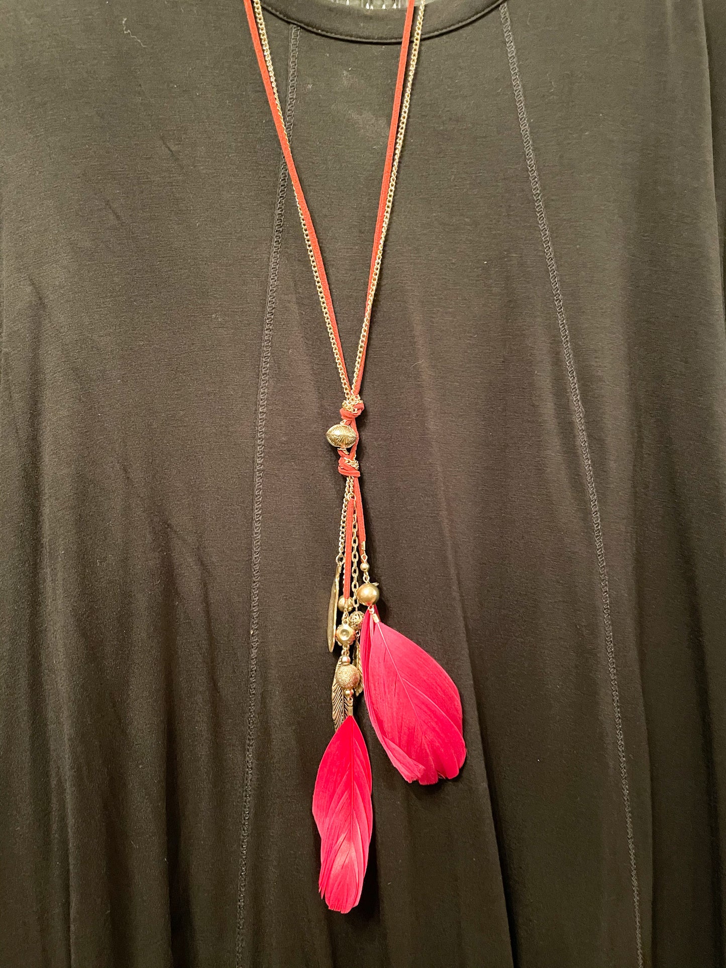 Red & Gold Feather Long Dangle Necklace