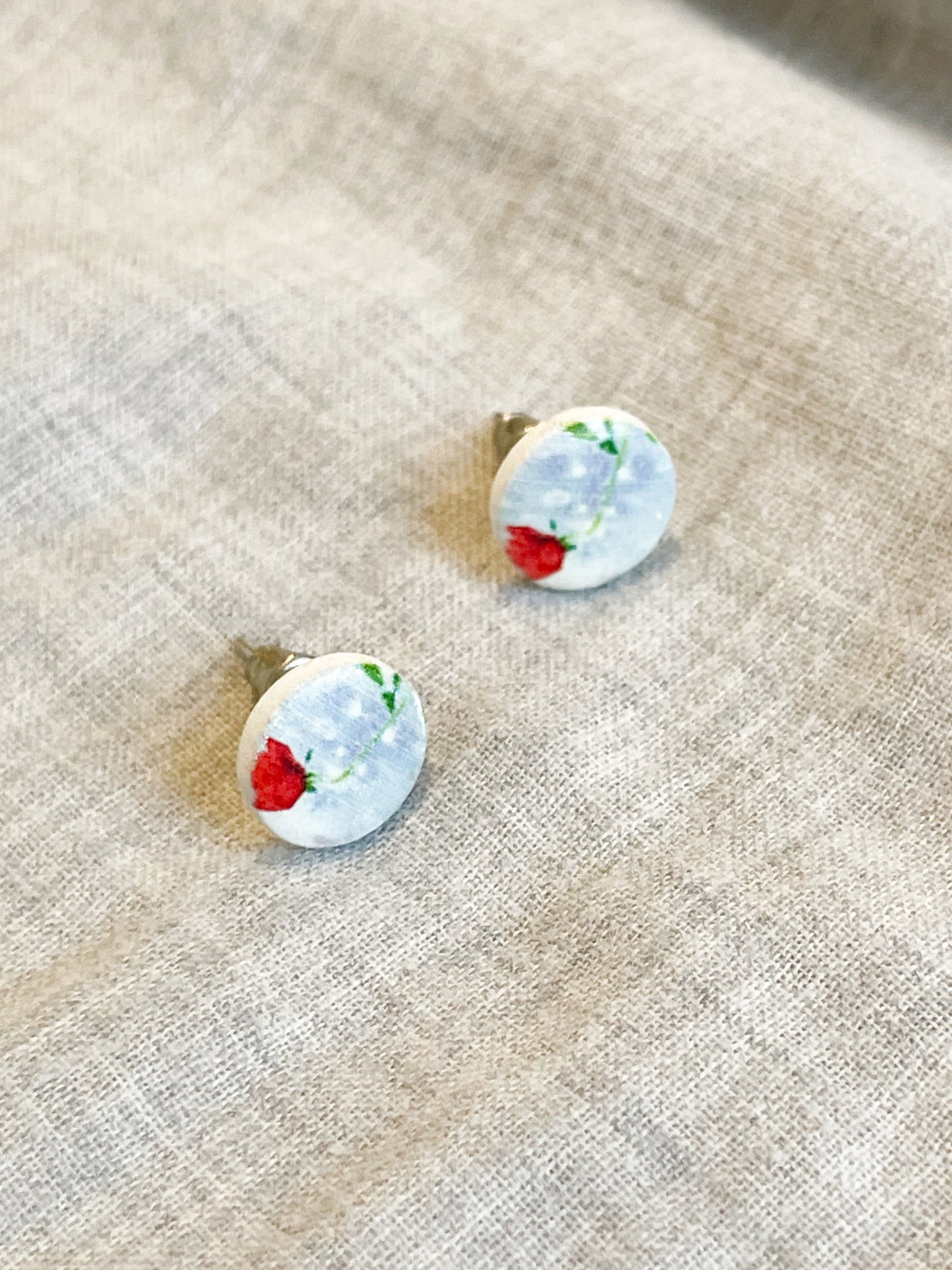 Rose Baby Blue Floral Painted Circle Stud Earrings