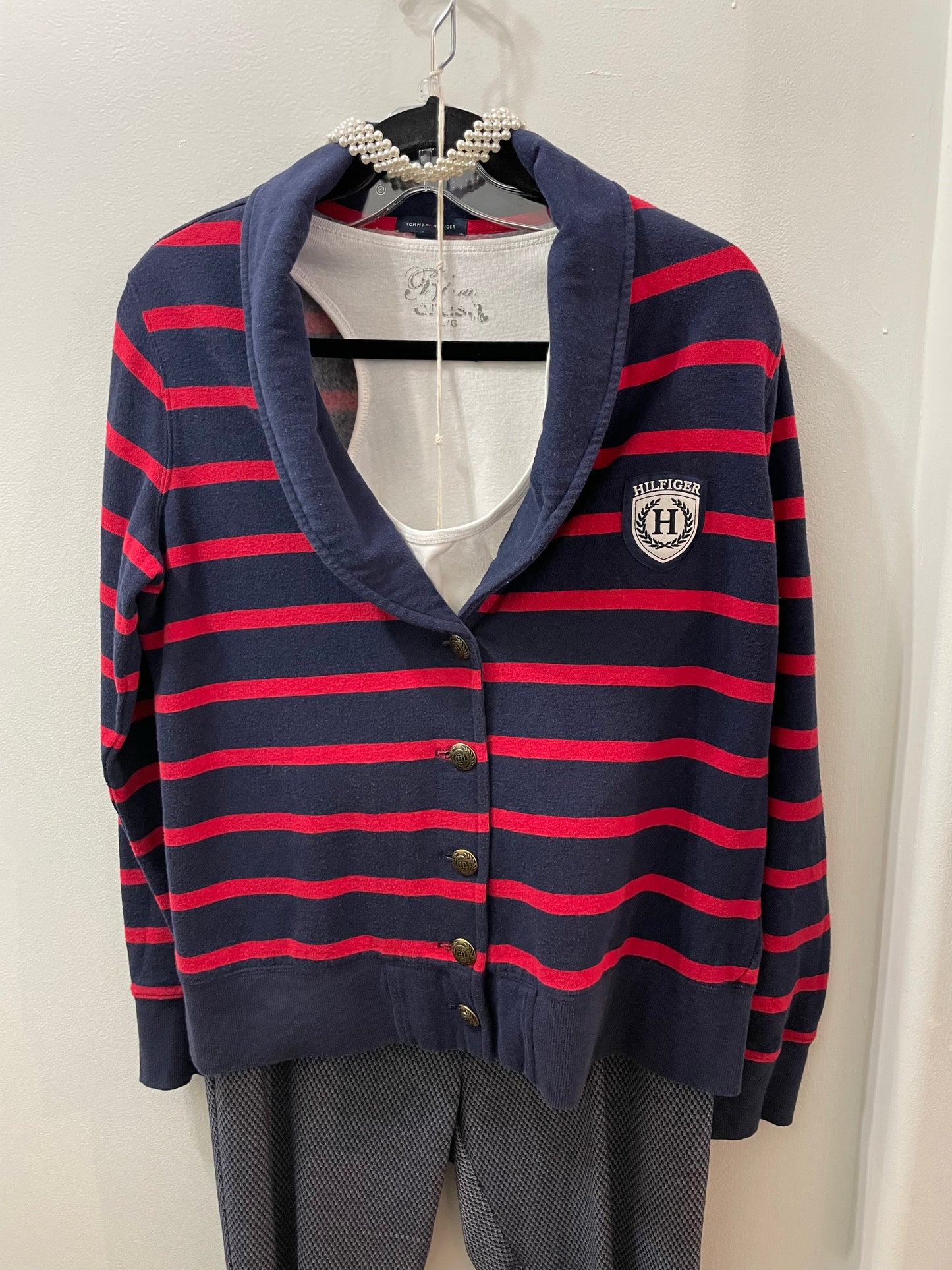 Tommy Hilfiger Red Stripe Collar Fleece-Lined Sweater - Large