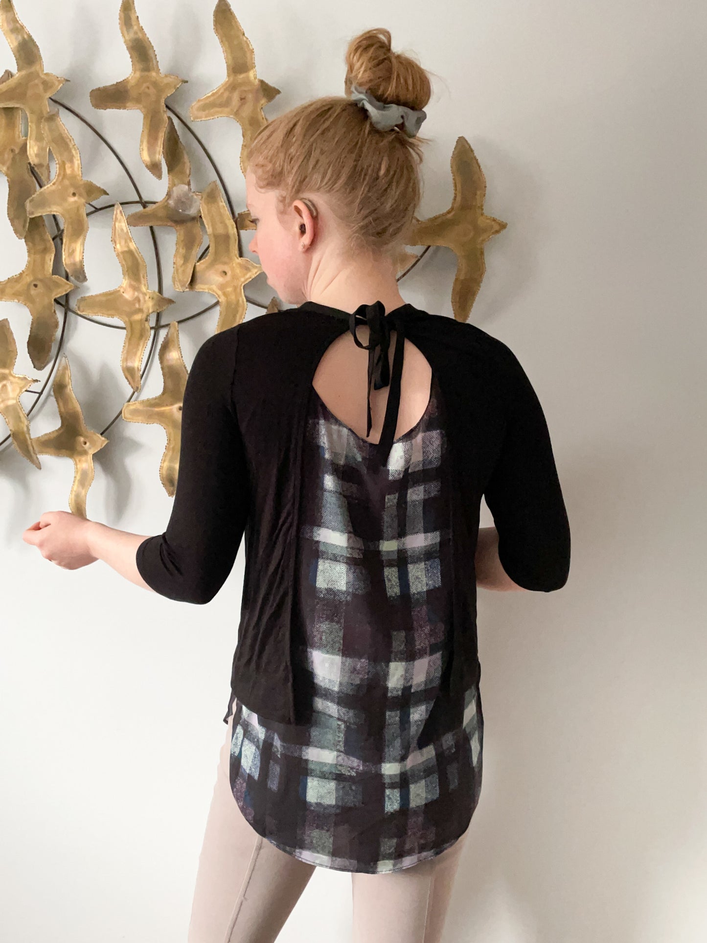 RW & Co. Black 3/4 Sleeve Plaid Tie Back Tunic Top Shirt - XS/S