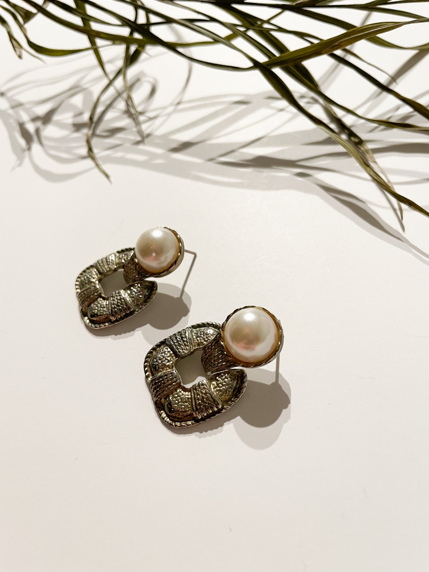 Pearl and Silver Square Rope Statement Earrings