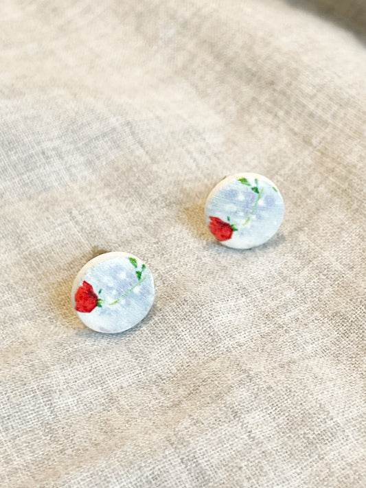 Rose Baby Blue Floral Painted Circle Stud Earrings