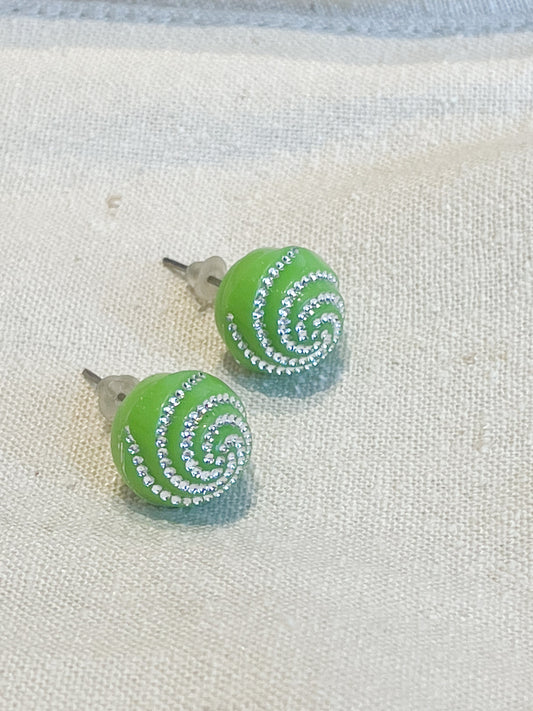 Lime Green Silver Swirl Stud Earrings