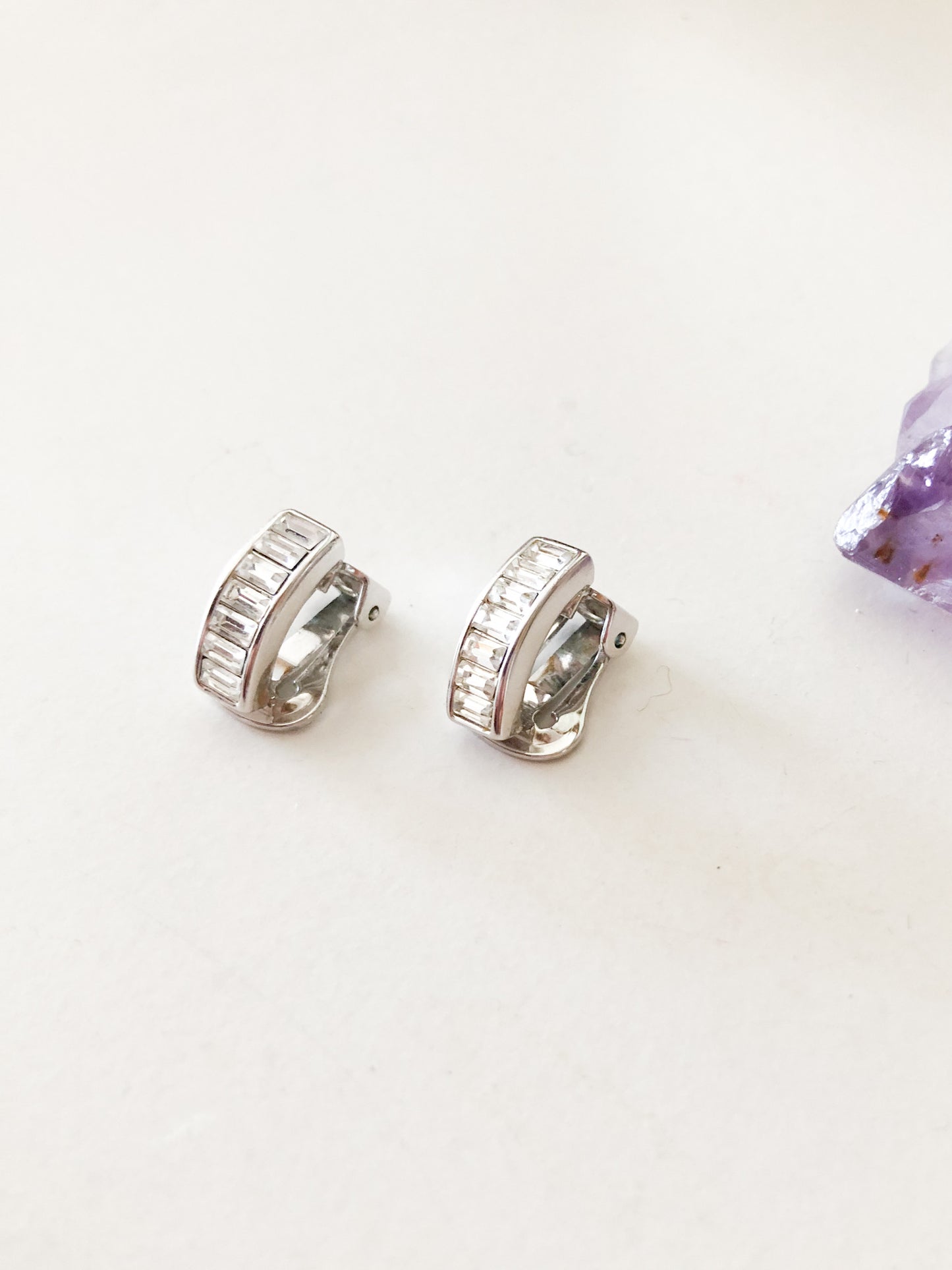 Silver Crystal Bar Clip On Earrings