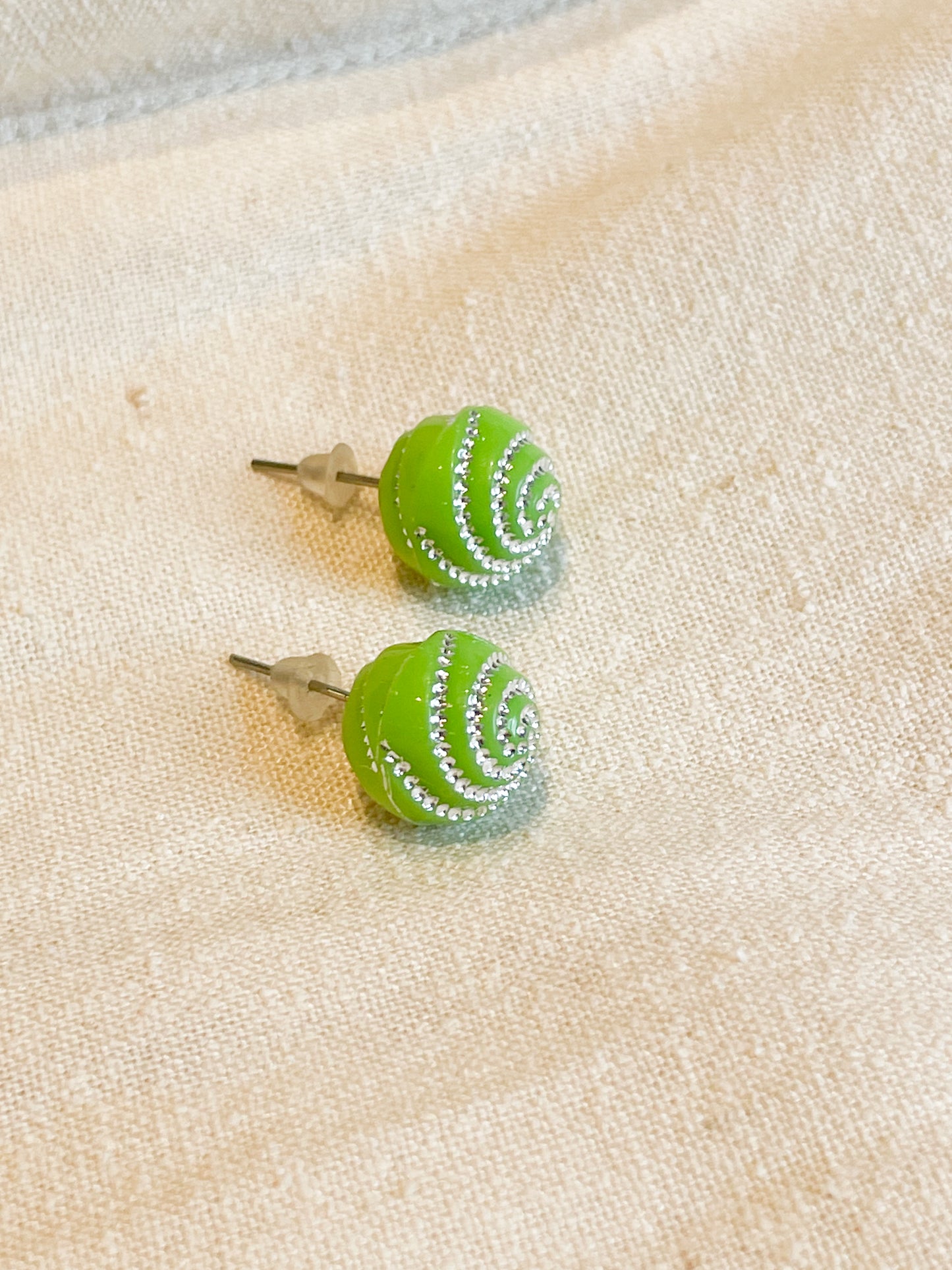 Lime Green Silver Swirl Stud Earrings