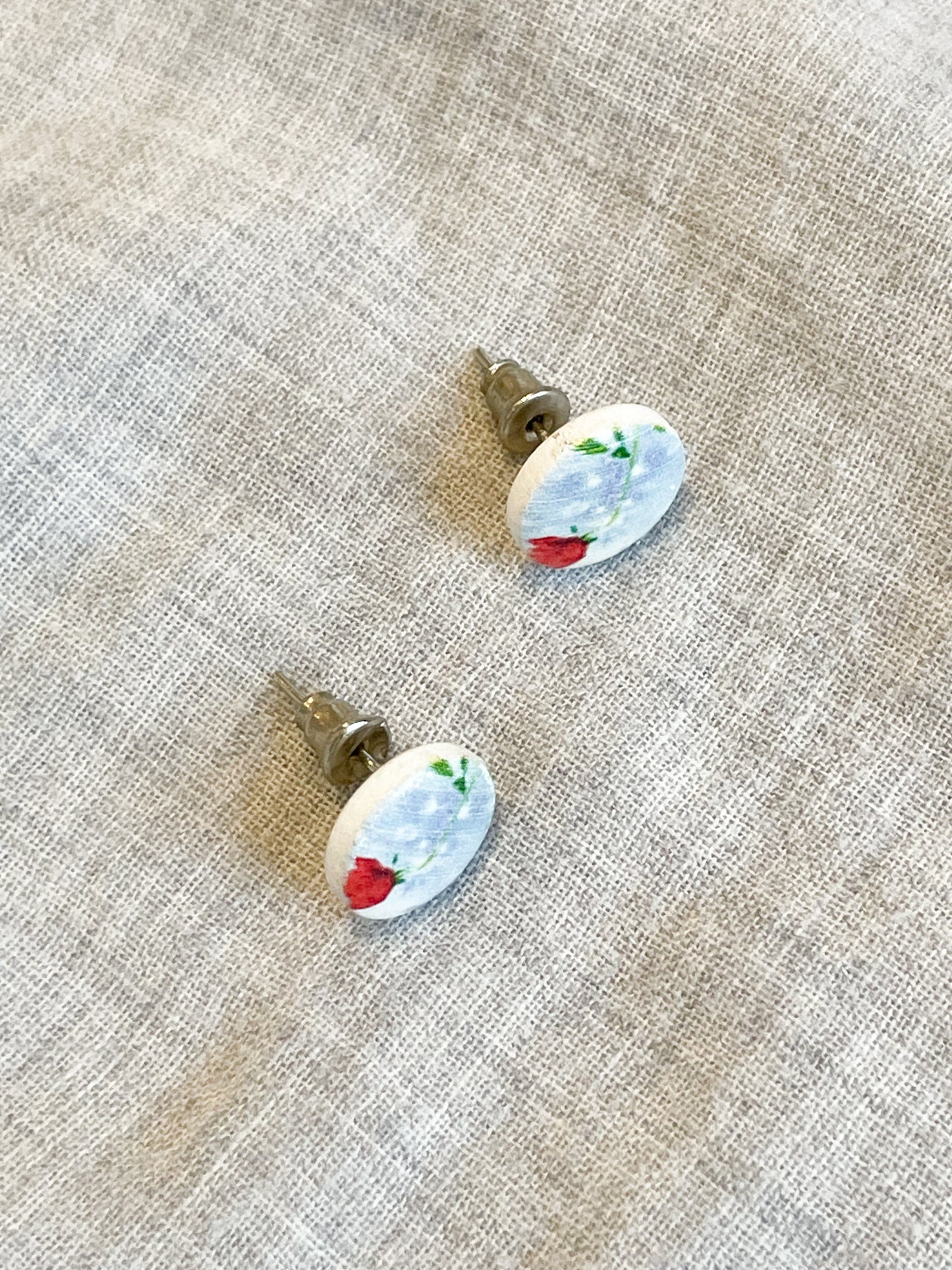 Rose Baby Blue Floral Painted Circle Stud Earrings
