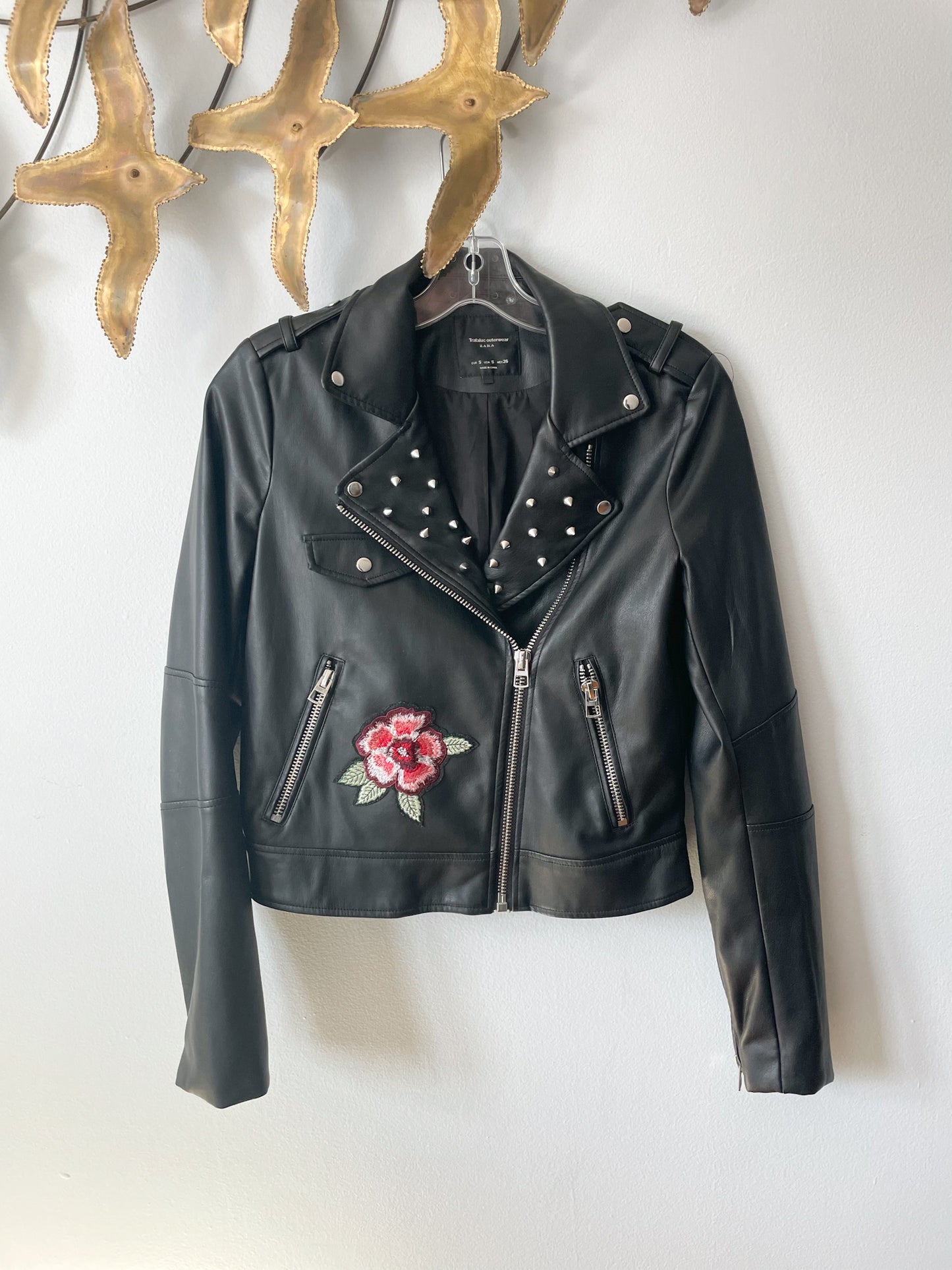 Zara Trafaluc Black Faux Leather Studded Floral Biker Moto Jacket - Small