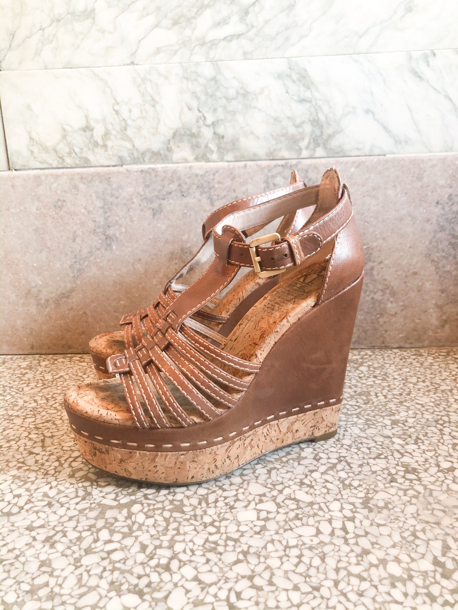MRKT Brown Cork Leather Platform Wedge Sandals - Le Prix Fashion & Consulting
