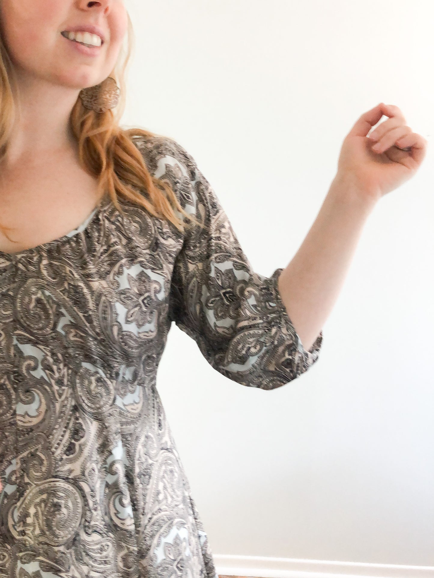 Nine West Mint 100% Silk Paisley 3/4 Sleeve Balloon Sleeve Dress - Size 8